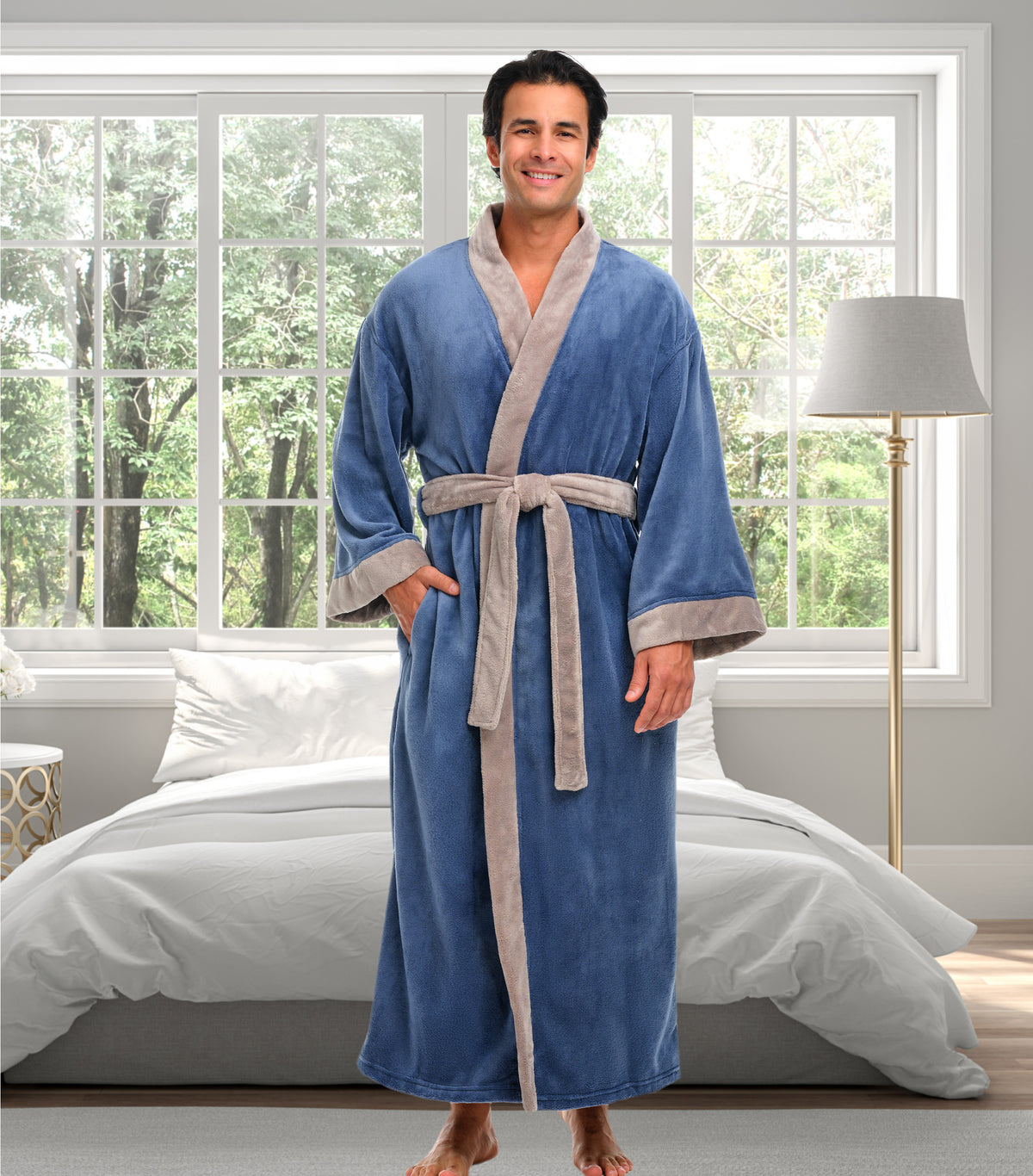 Mens Faded Blue & Sand Kimono Robe, Japanese Robe for Men