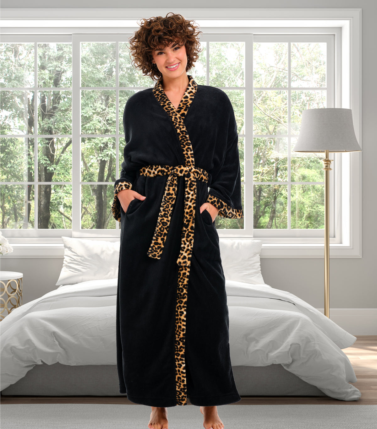 Womens Black with Leopard Print Accents Kimono Robe, Robe for Women