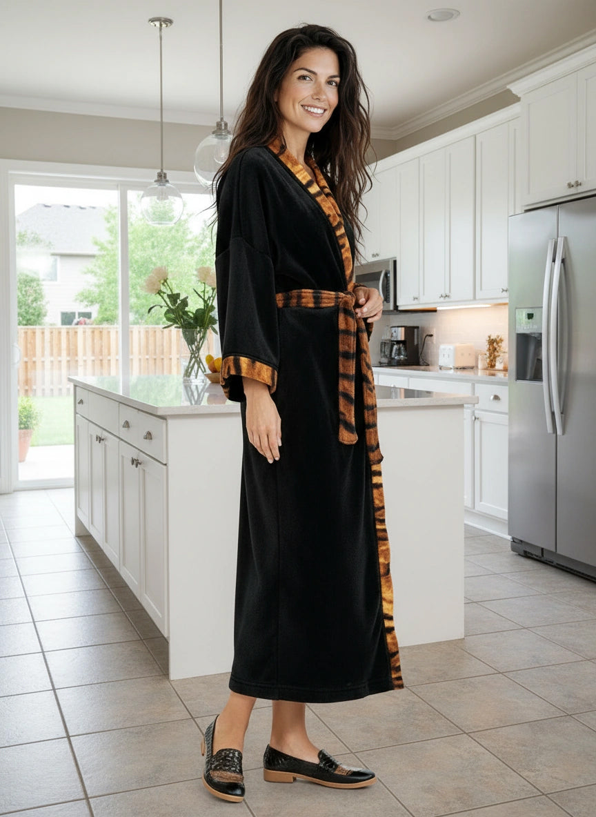 Womens Black with Tiger Print Accents Kimono Robe, Robe for Women