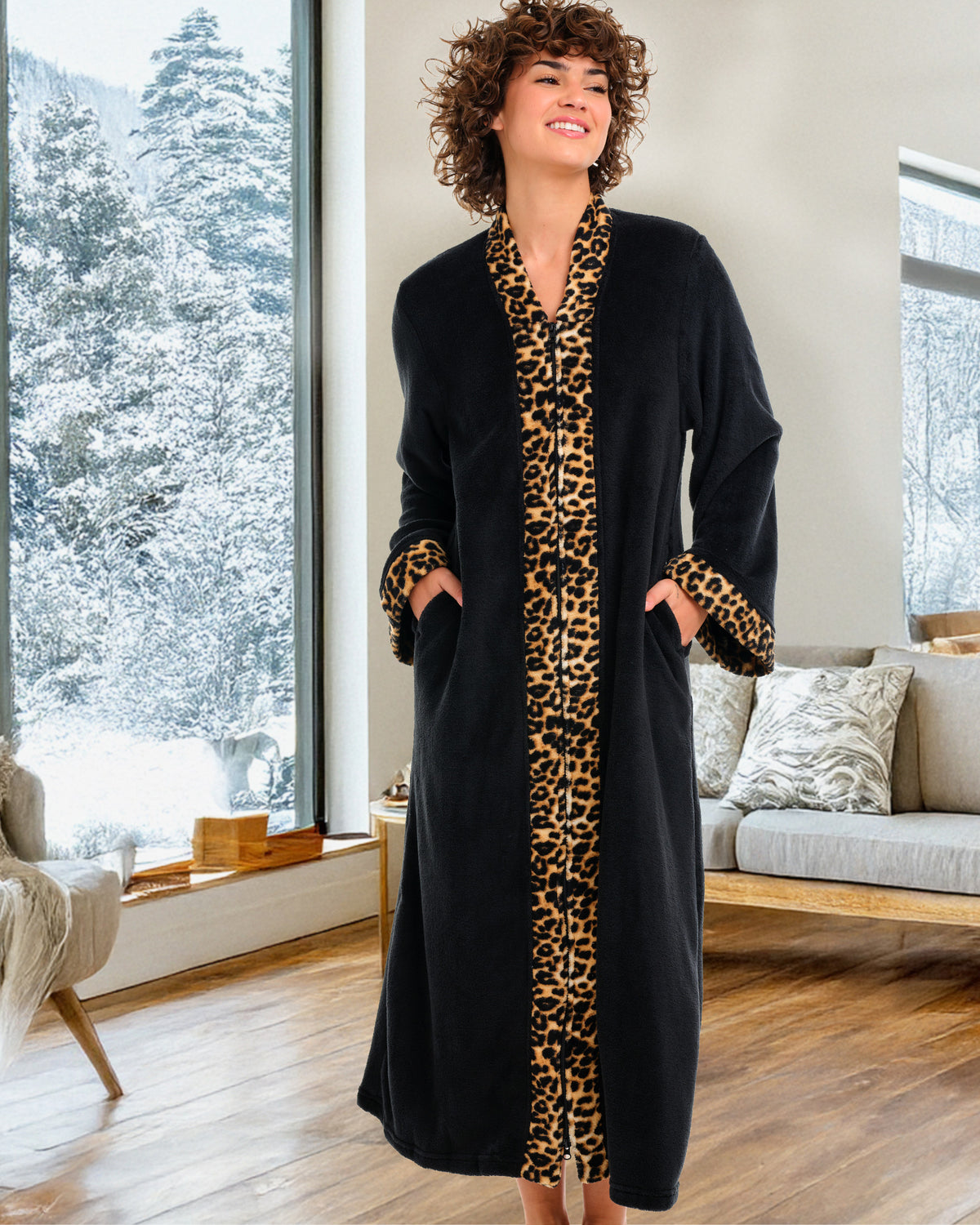 Womens Black with Leopard Print Accents Zip Up Kimono Robe, Japanese Robe for Women