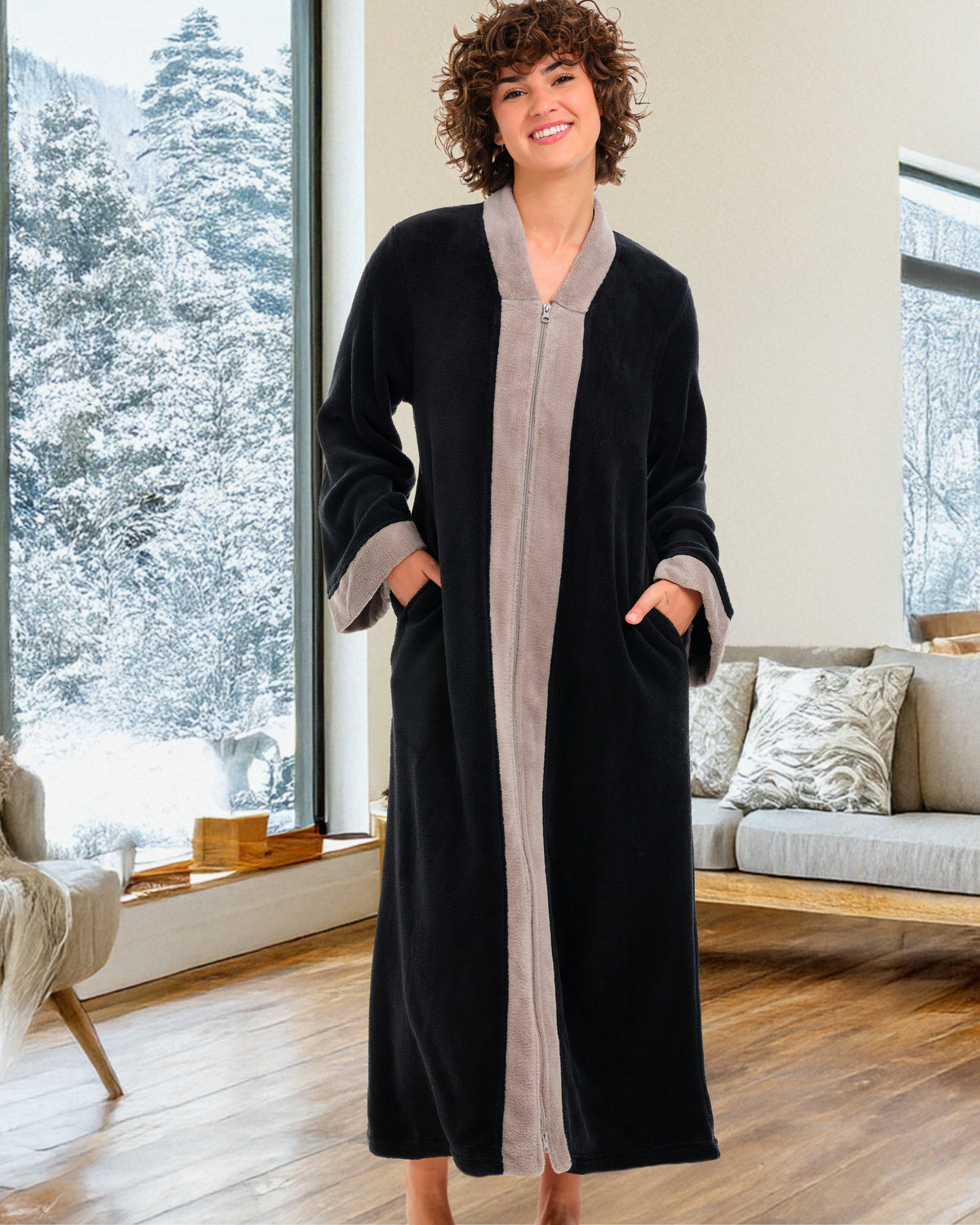 Womens Black with Sandstone Zip Up Kimono Robe, Japanese Robe for Women