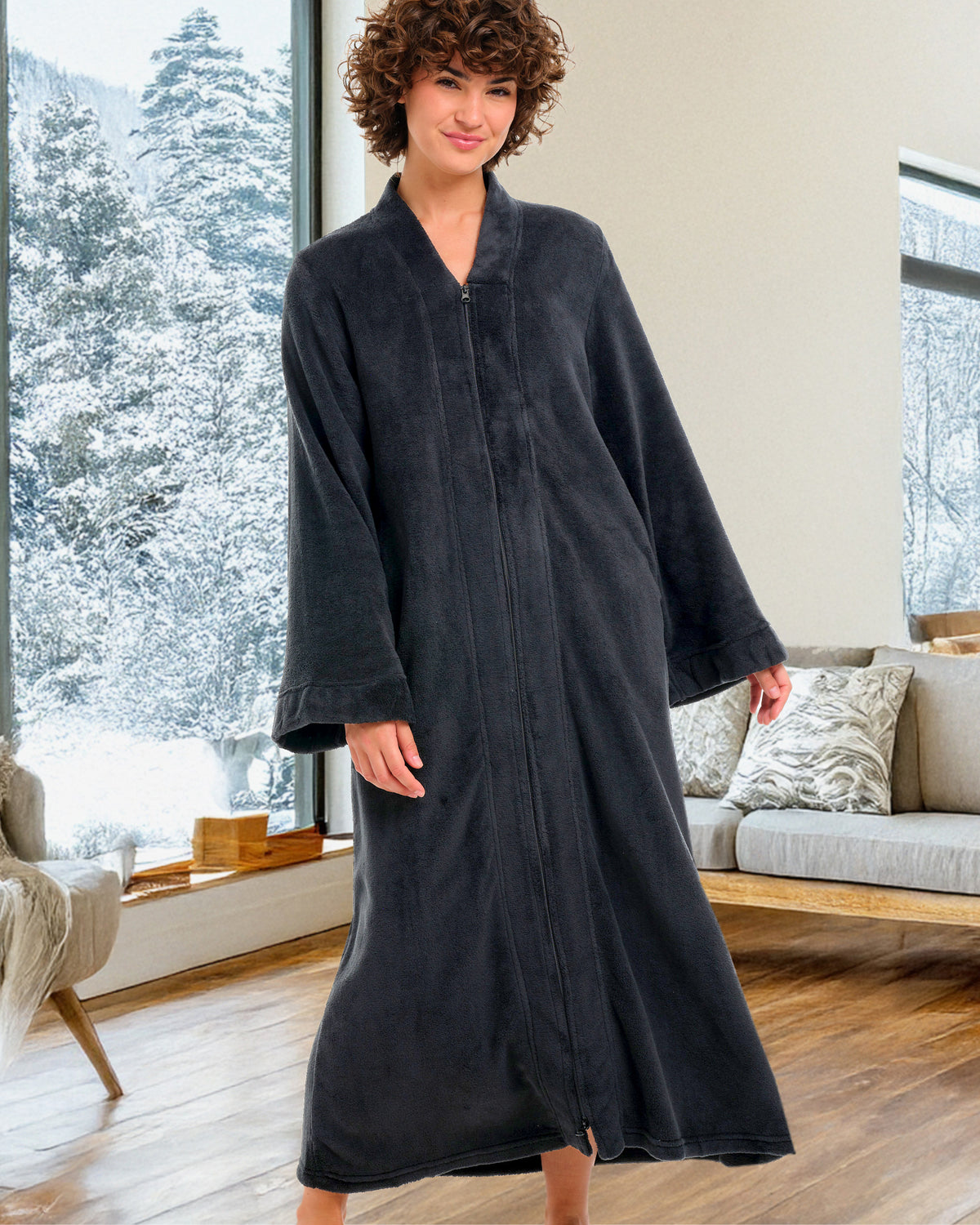 Womens Graphite Gray Zip Up Kimono Robe, Japanese Robe for Women
