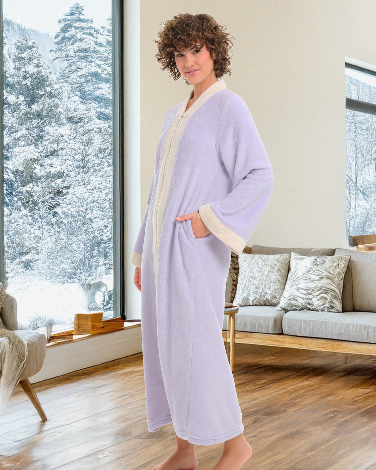 Womens Muted Mauve with Vanilla Zip Up Kimono Robe, Japanese Robe for Women