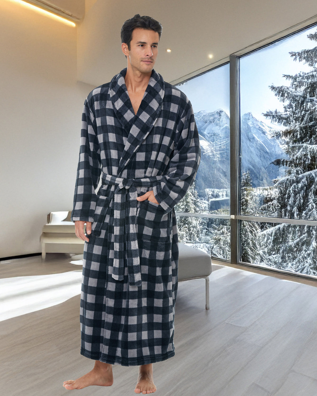 Men's Gray Buffalo Check Ultra Plush Fleece Robe, Big and Tall Winter Bathrobe