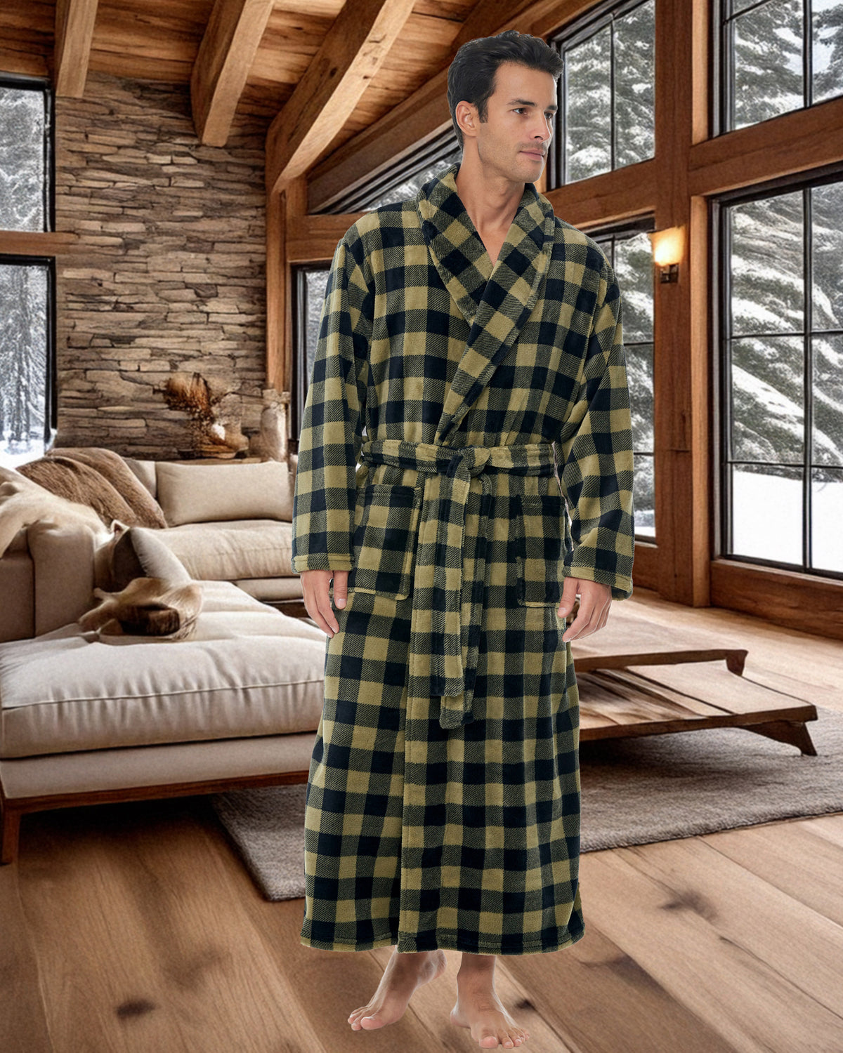 Men's Military Buffalo Check Ultra Plush Fleece Robe, Big and Tall Winter Bathrobe