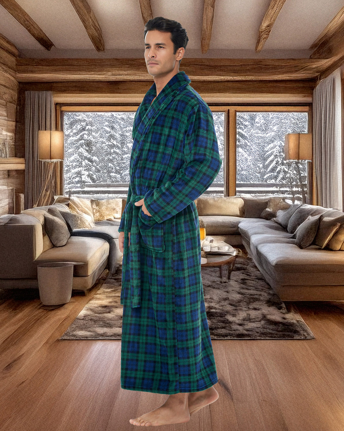 Men's Black Watch Tartan Plaid Ultra Plush Fleece Robe, Big and Tall Winter Bathrobe