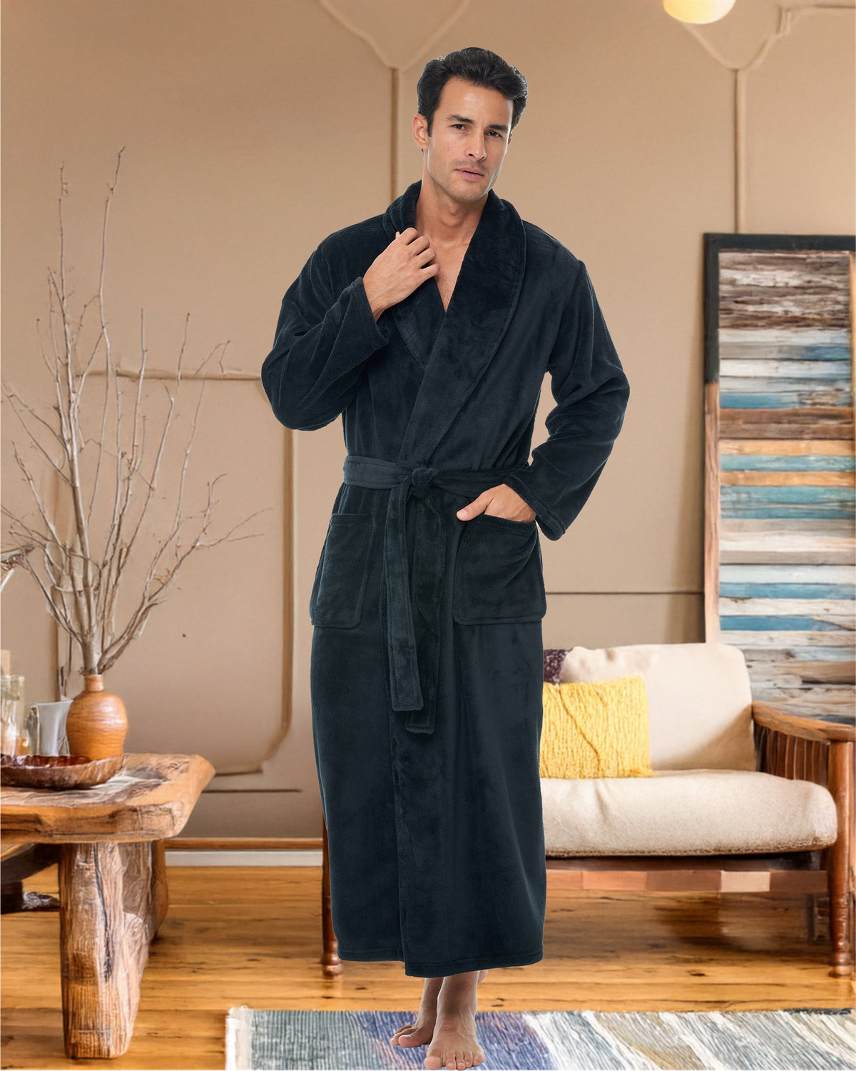Men's Black Ultra Plush Fleece Robe, Big and Tall Winter Bathrobe