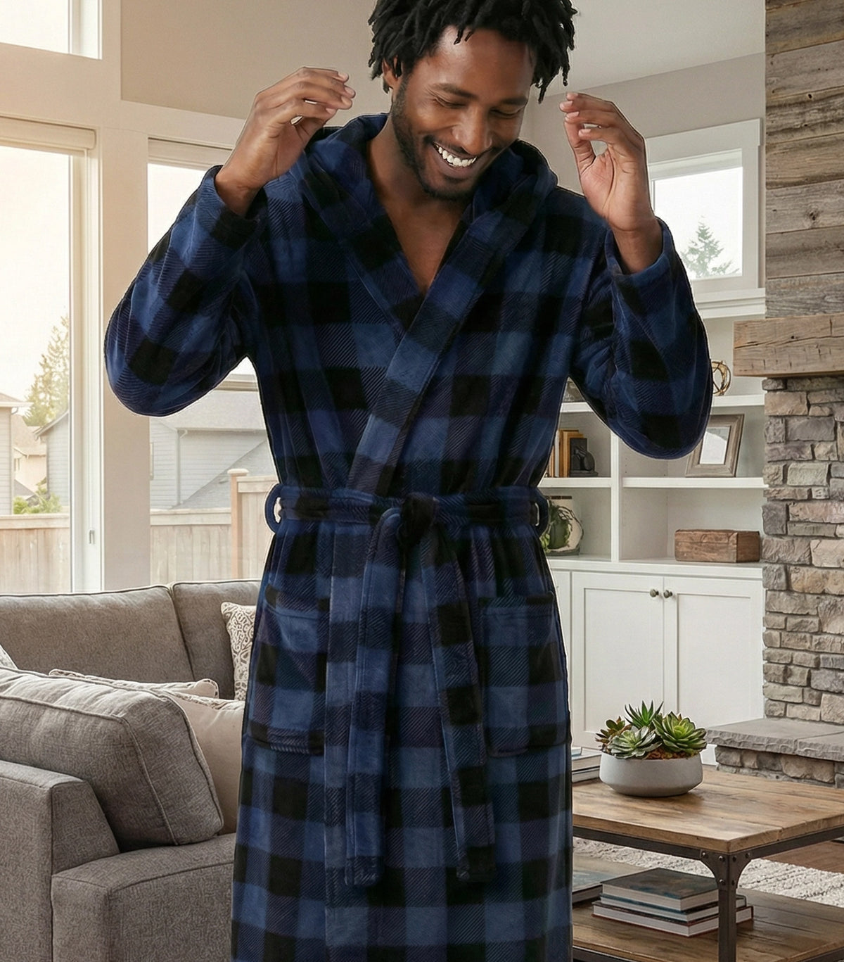 Men's Blue Buffalo Check Plaid Plush Fleece Hooded Bathrobe, Full Length Long Warm Lounge Robe with Hood