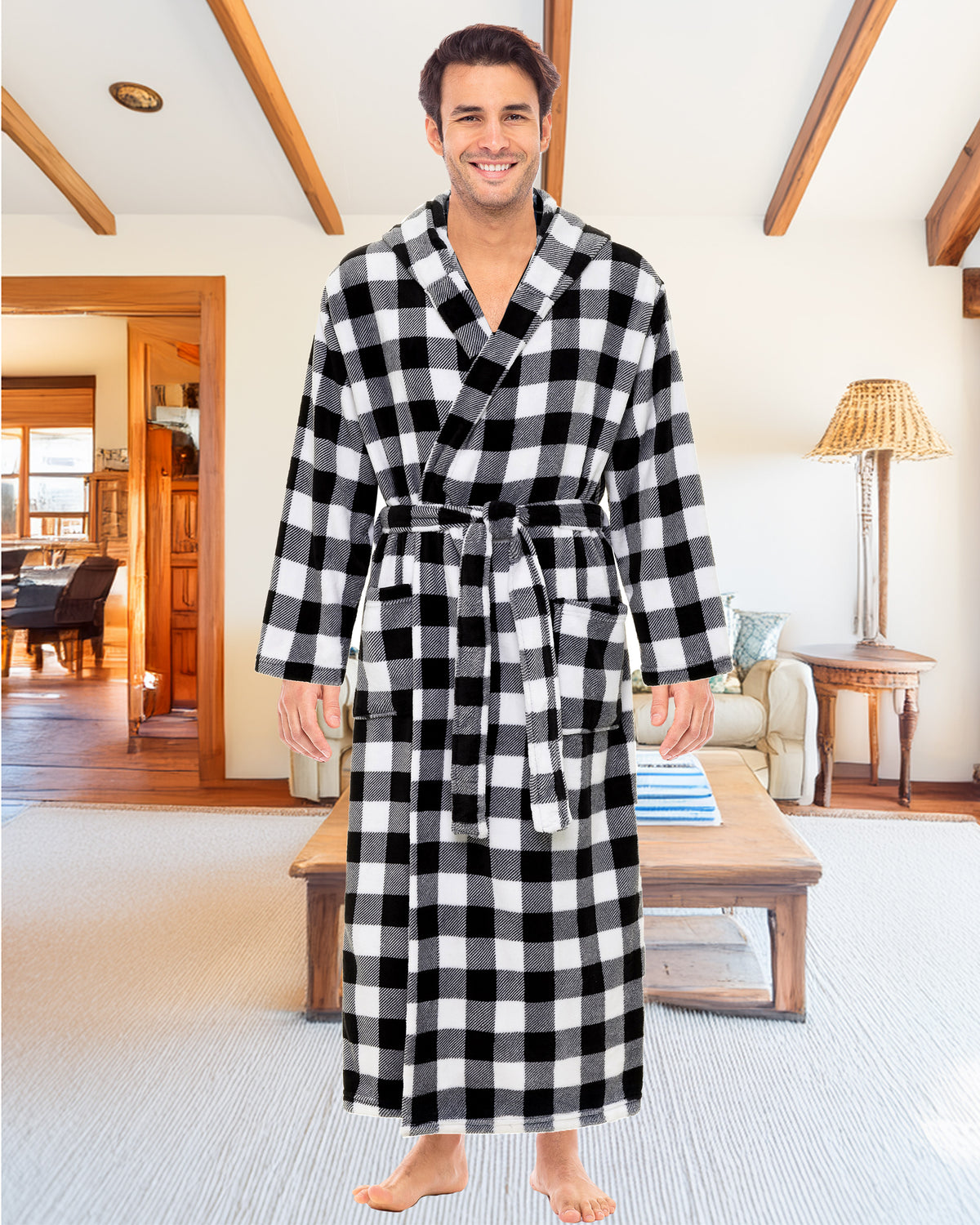 Men's Buffalo Check White Black Plaid Plush Fleece Hooded Bathrobe, Full Length Long Warm Lounge Robe with Hood