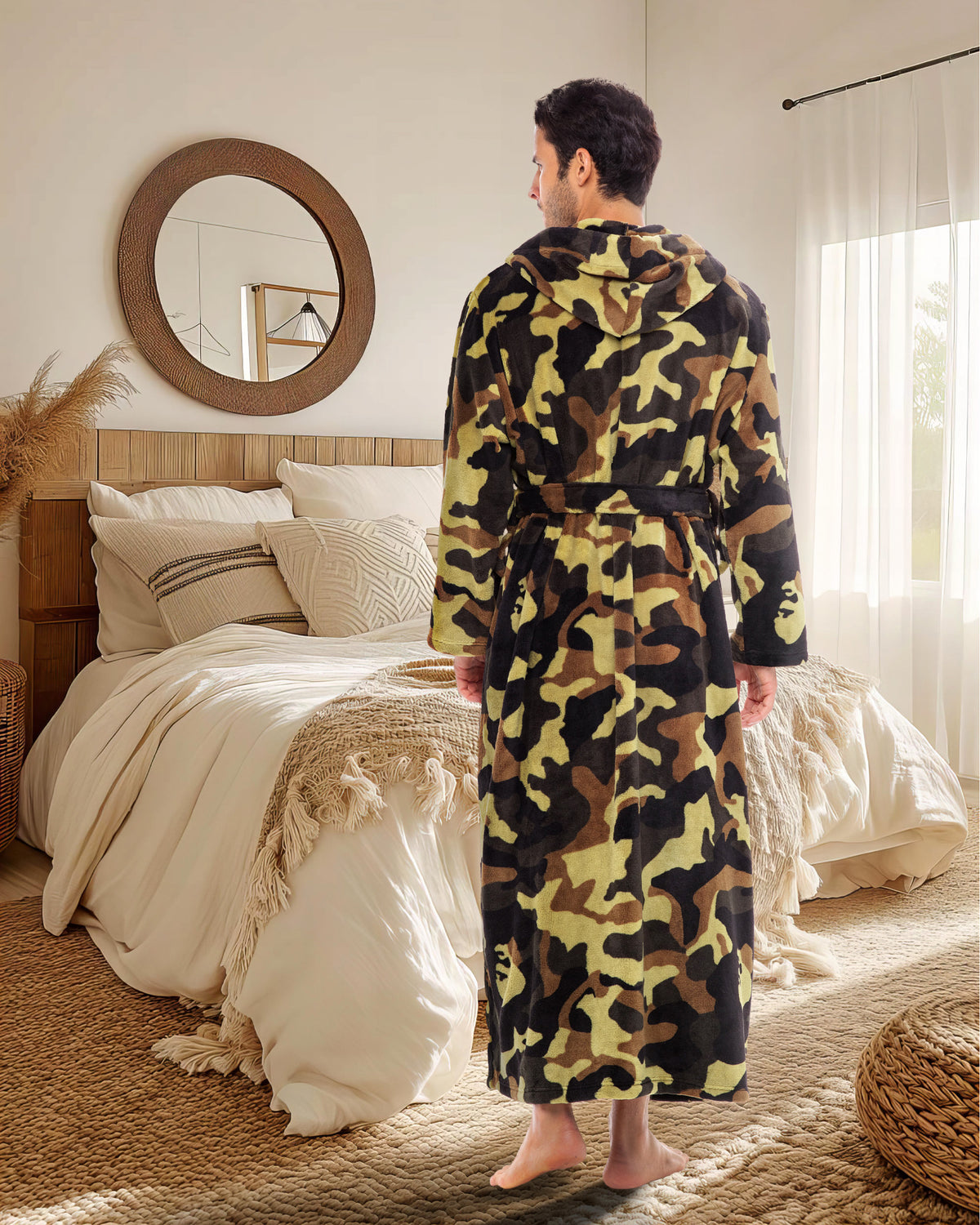 Men's Green Camouflage Plush Fleece Hooded Bathrobe, Full Length Long Warm Lounge Robe with Hood
