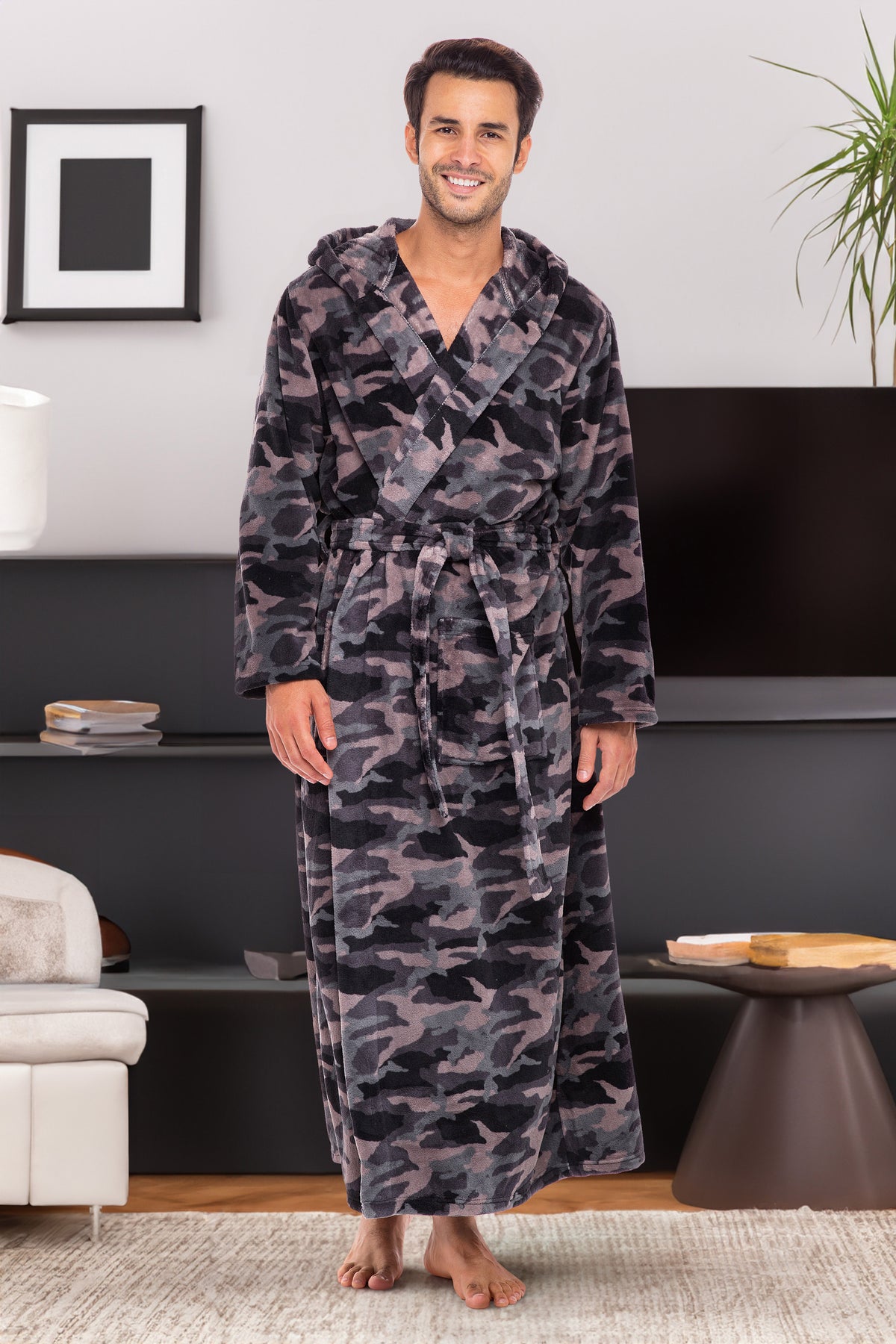 Men's Black Gray Camouflage Plush Fleece Hooded Bathrobe, Full Length Long Warm Lounge Robe with Hood