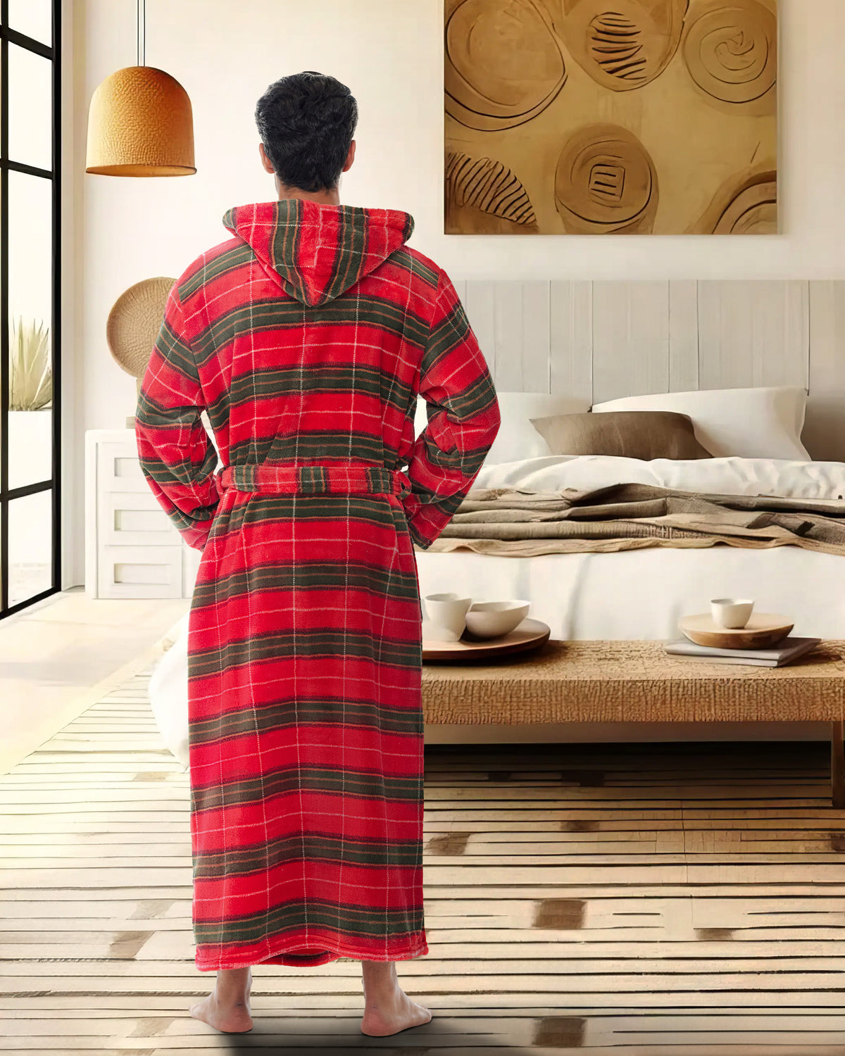Men's Autumn Harvest Plaid Plush Fleece Hooded Bathrobe, Full Length Long Warm Lounge Robe with Hood
