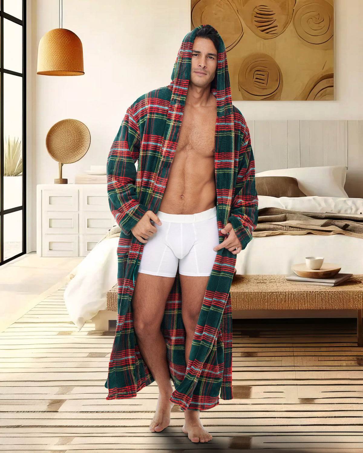 Men's Forest Plaid Plush Fleece Hooded Bathrobe, Full Length Long Warm Lounge Robe with Hood