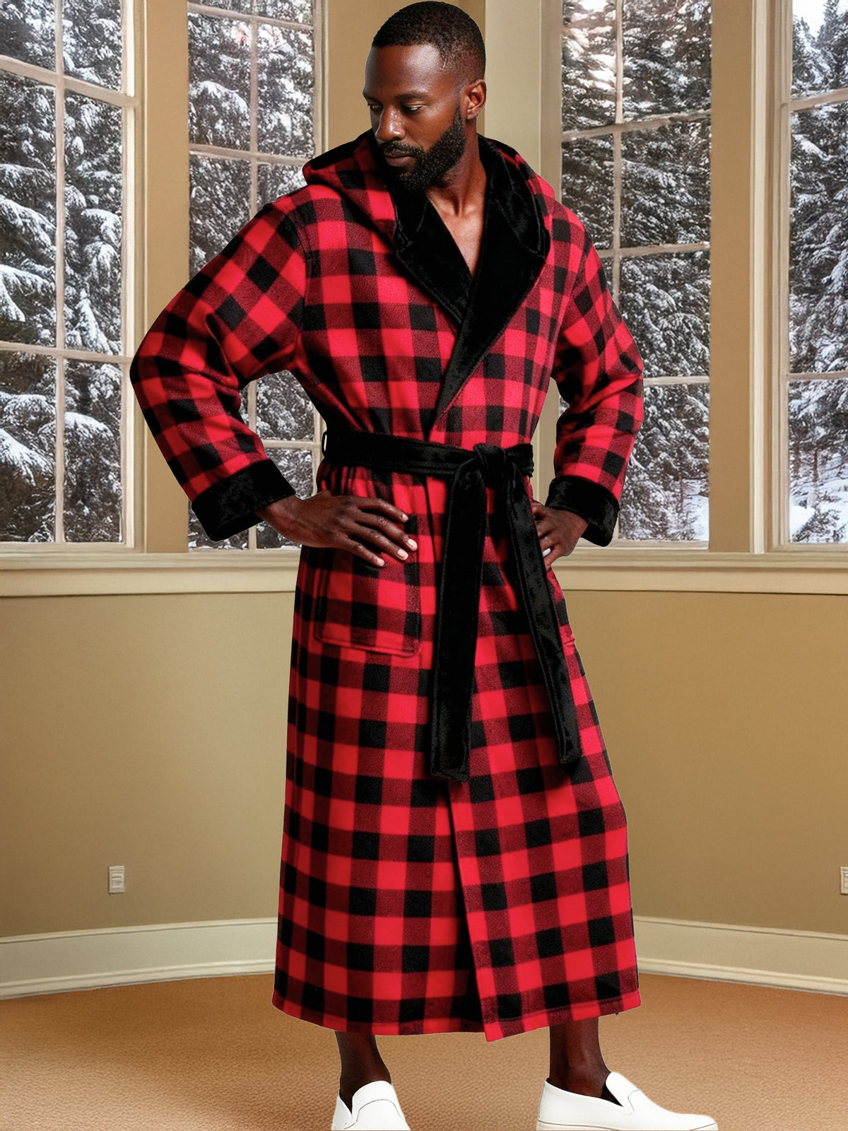 Men's Red Black Buffalo Check Plaid with Black Plush Fleece Hooded Bathrobe, Full Length Long Warm Lounge Robe with Hood