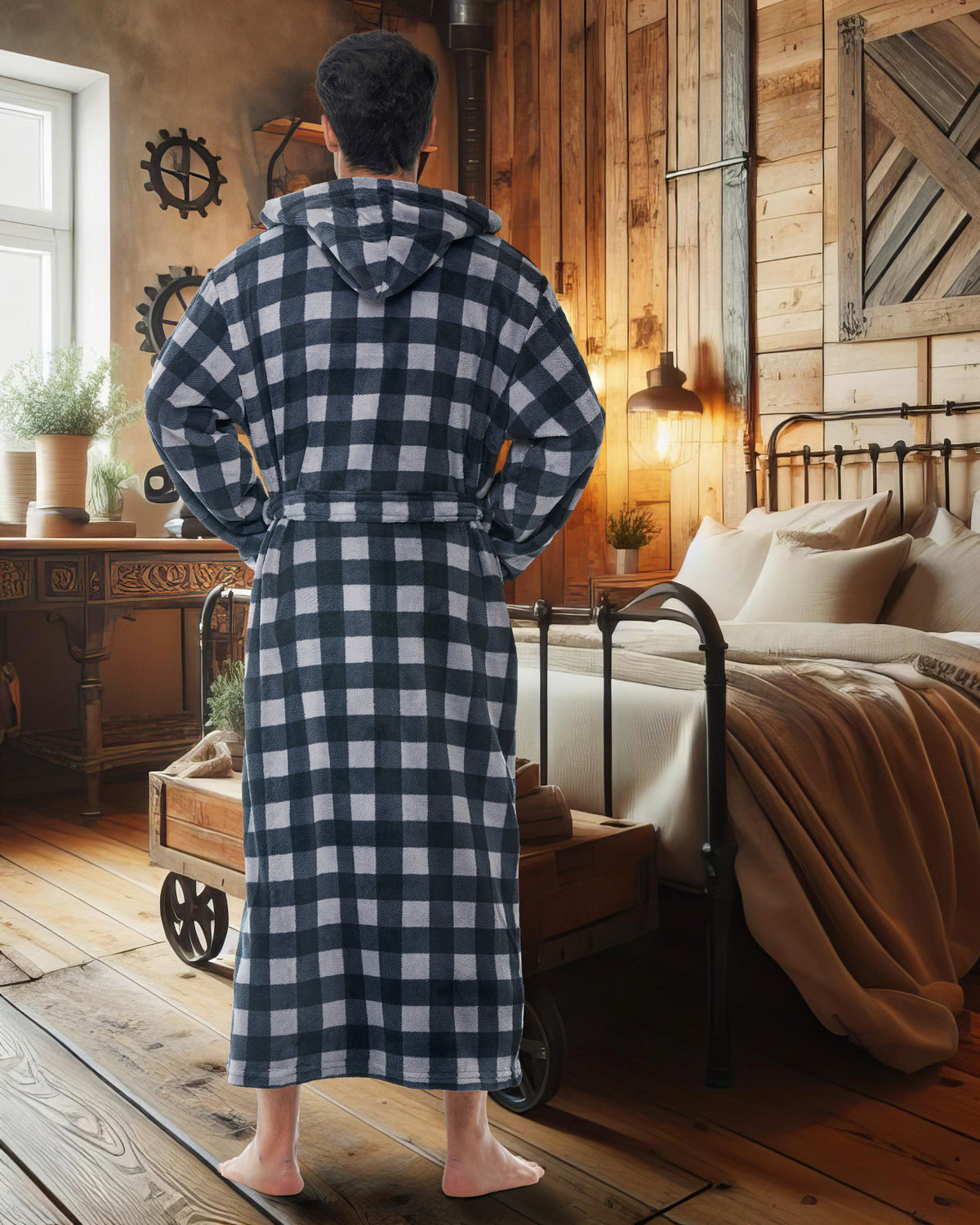 Men's Gray Buffalo Check Plush Fleece Hooded Bathrobe, Full Length Long Warm Lounge Robe with Hood