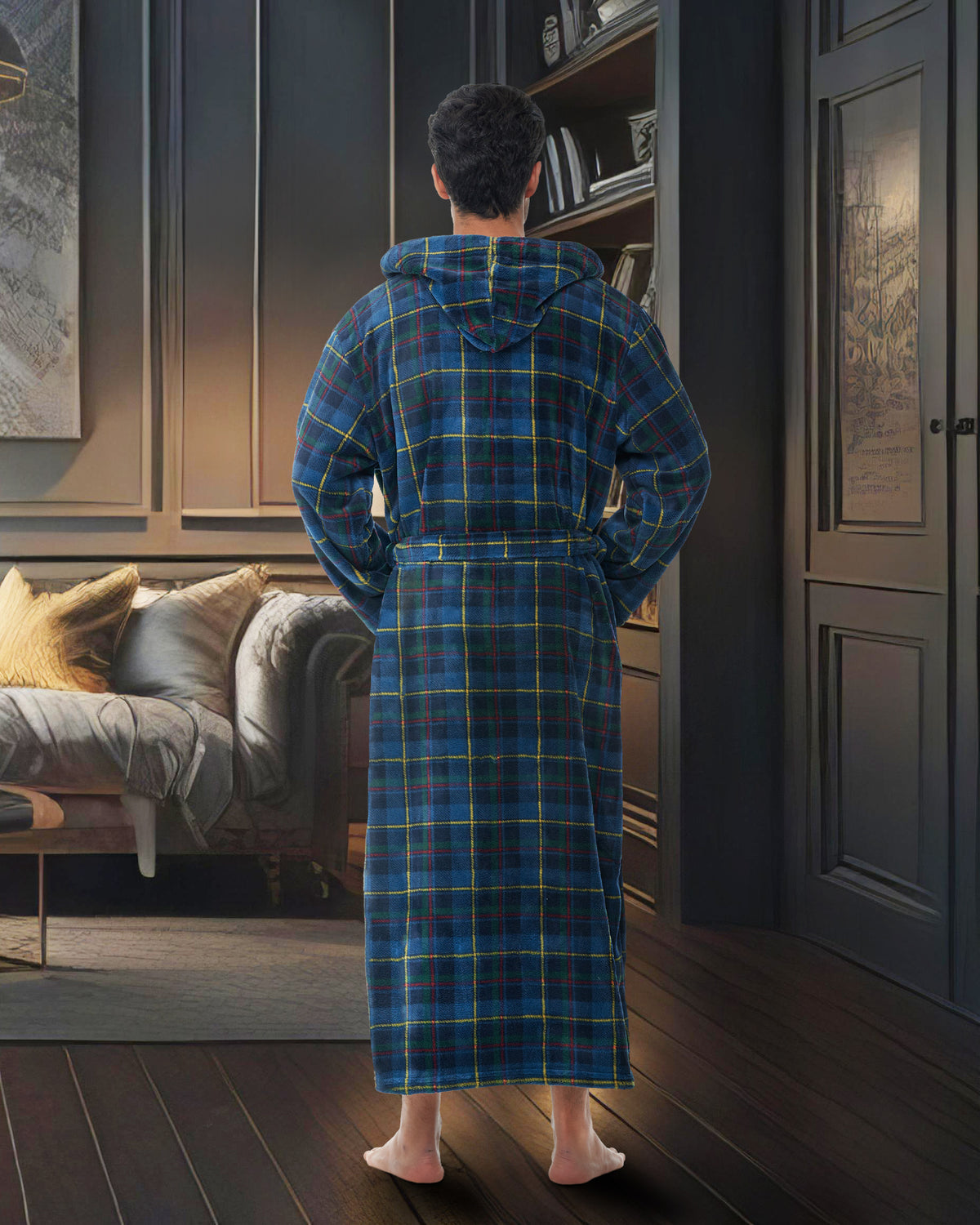 Men's Highland Tartan Plaid Plush Fleece Hooded Bathrobe, Full Length Long Warm Lounge Robe with Hood