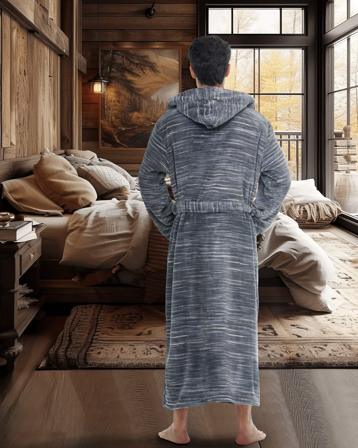 Men's Dark Heathered Gray Plush Fleece Hooded Bathrobe, Full Length Long Warm Lounge Robe with Hood