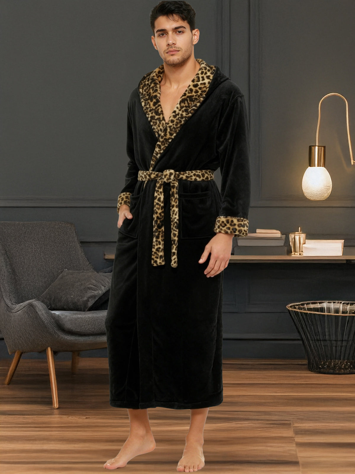 Men's Black with Leopard Print Plush Fleece Hooded Bathrobe, Full Length Long Warm Lounge Robe with Hood