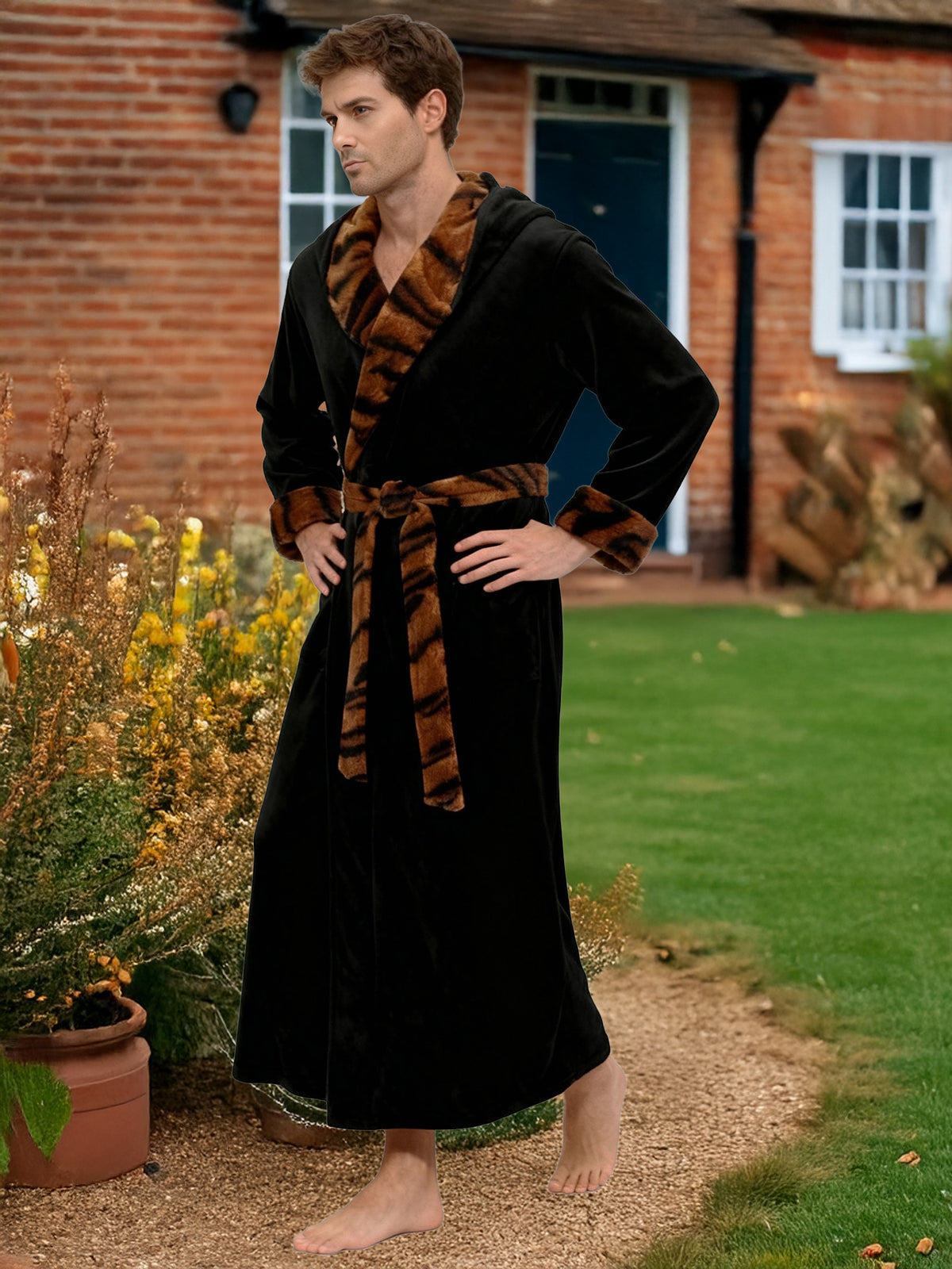 Men's Black with Tiger Print Plush Fleece Hooded Bathrobe, Full Length Long Warm Lounge Robe with Hood