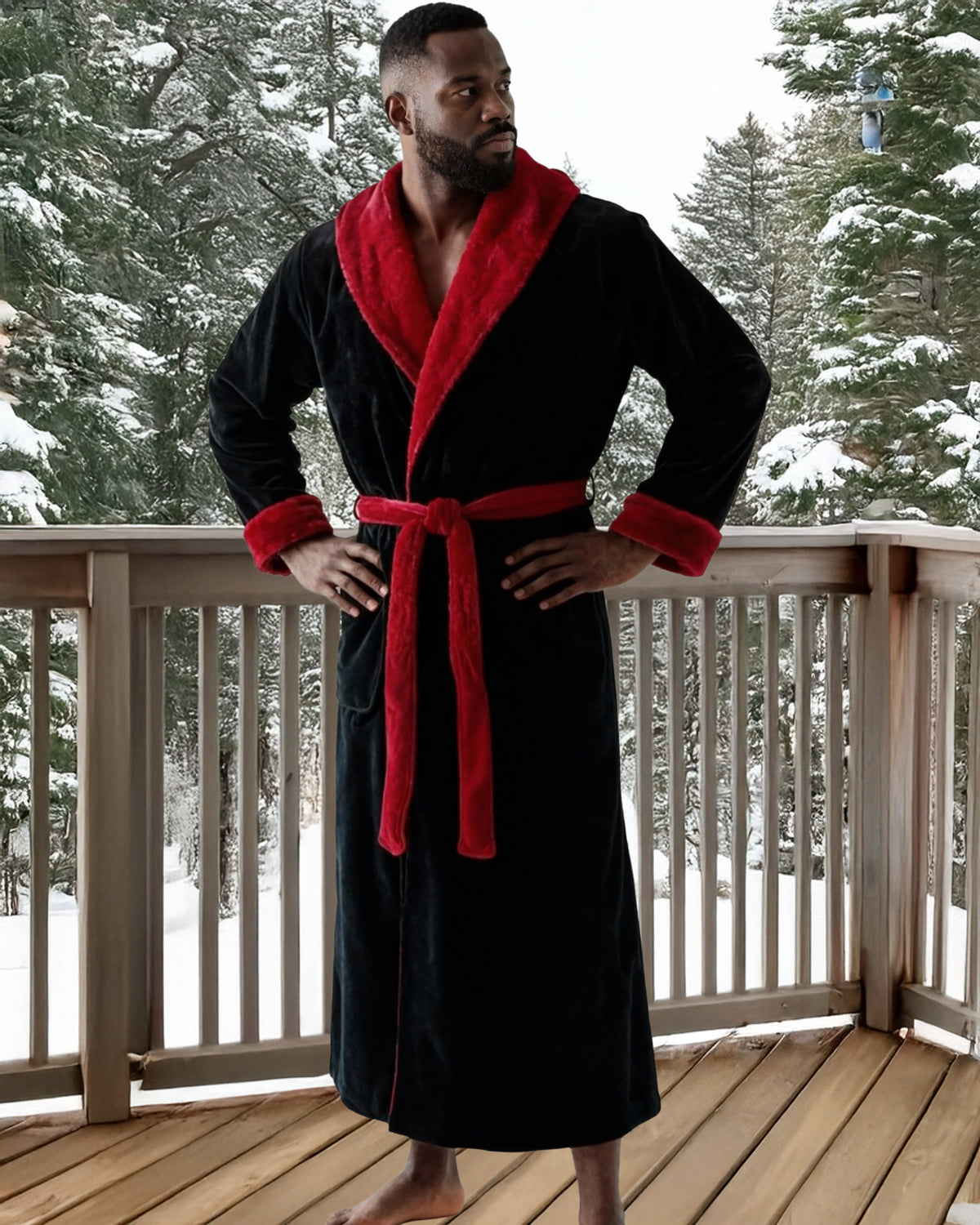 Men's Black with Burgundy Contrast Plush Fleece Hooded Bathrobe, Full Length Long Warm Lounge Robe with Hood