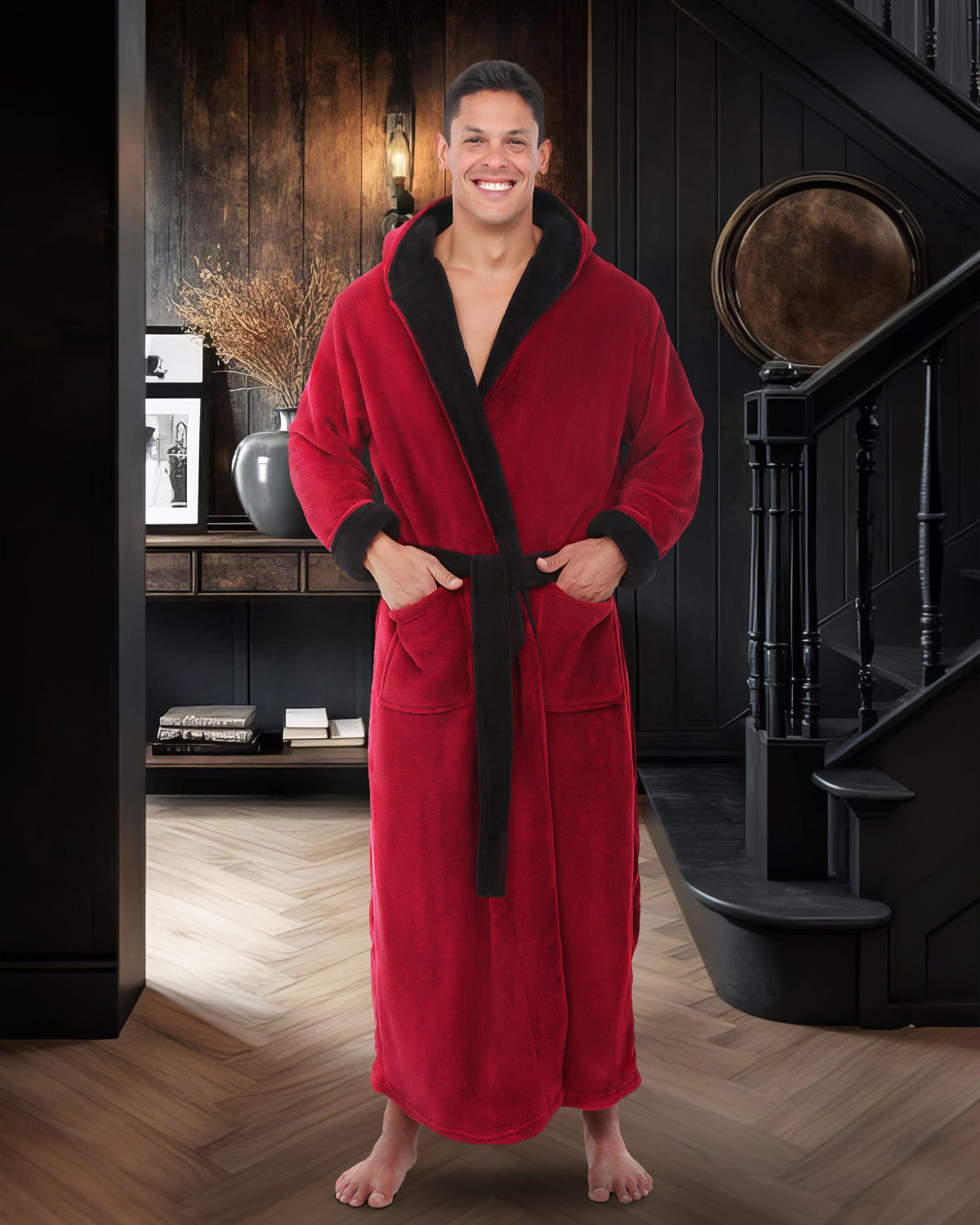 Men's Burgundy with Black Plush Fleece Hooded Bathrobe, Full Length Long Warm Lounge Robe with Hood
