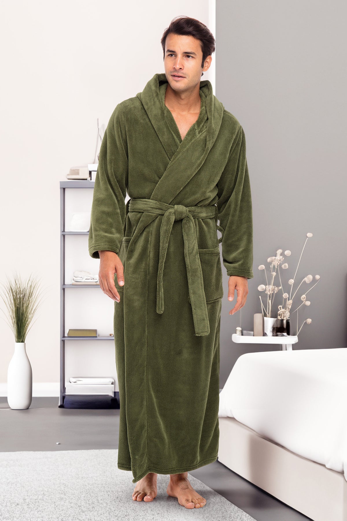 Men's Army Green Plush Fleece Hooded Bathrobe, Full Length Long Warm Lounge Robe with Hood