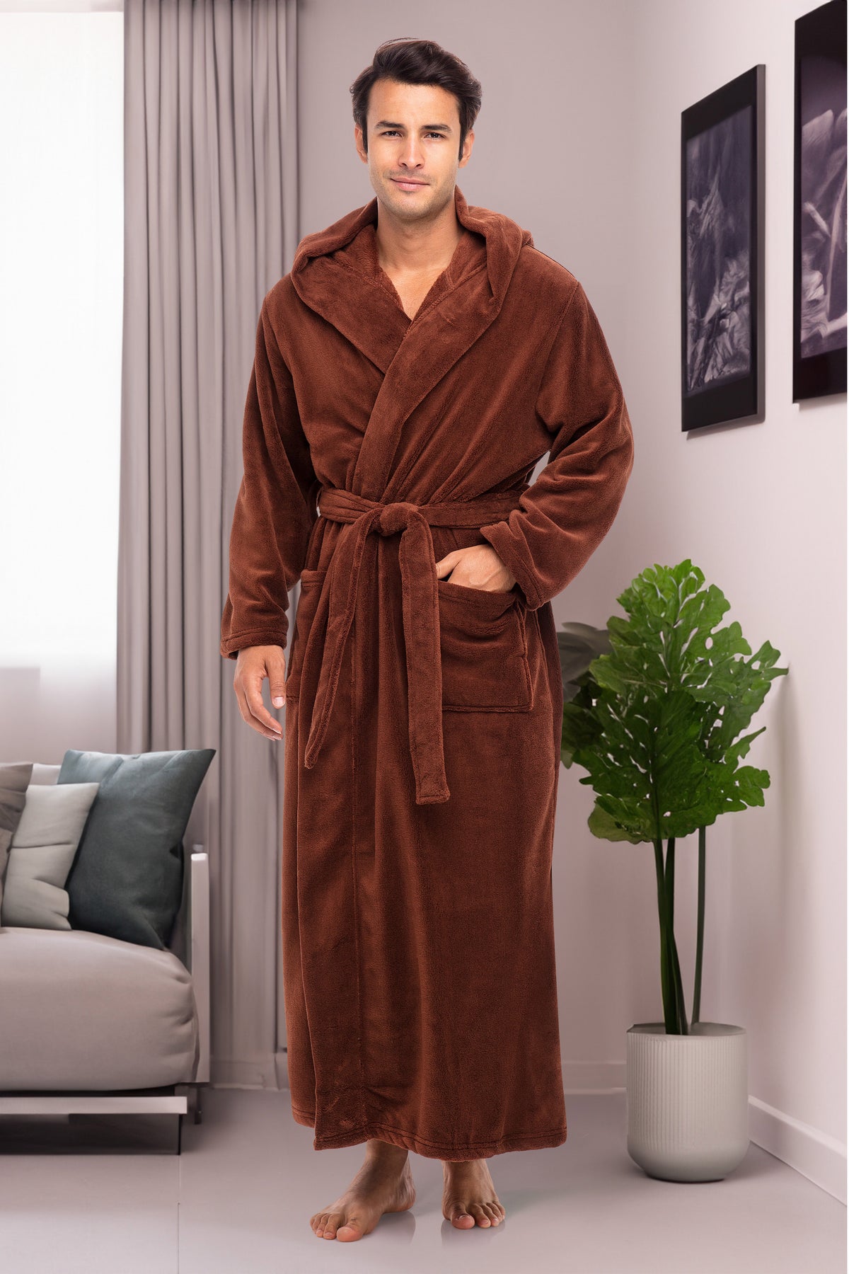 Men's Chocolate Plush Fleece Hooded Bathrobe, Full Length Long Warm Lounge Robe with Hood