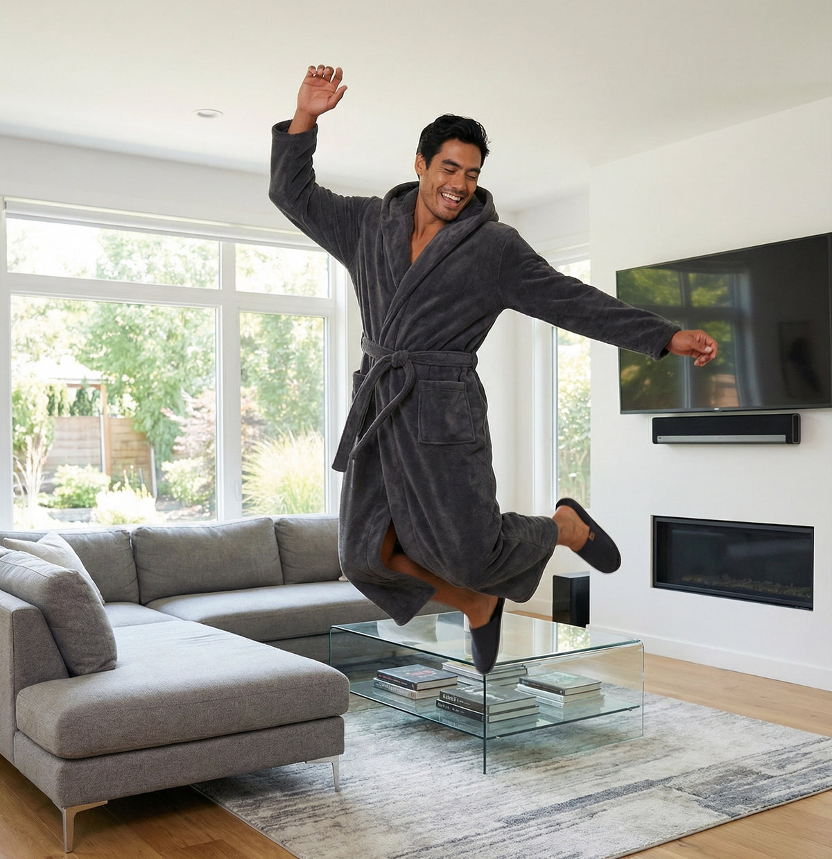 Men's Graphite Gray Plush Fleece Hooded Bathrobe, Full Length Long Warm Lounge Robe with Hood
