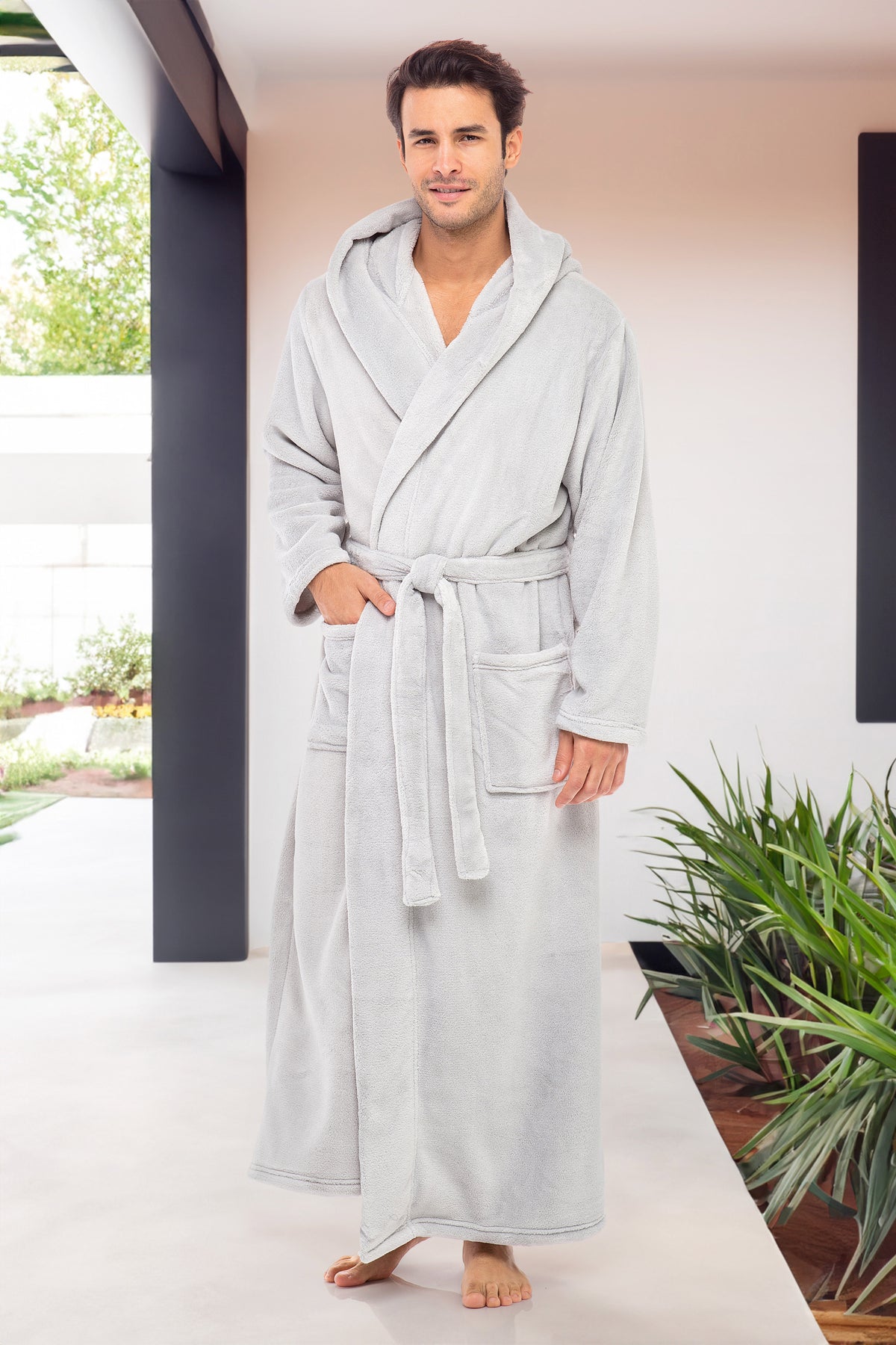 Men's Light Gray Plush Fleece Hooded Bathrobe, Full Length Long Warm Lounge Robe with Hood