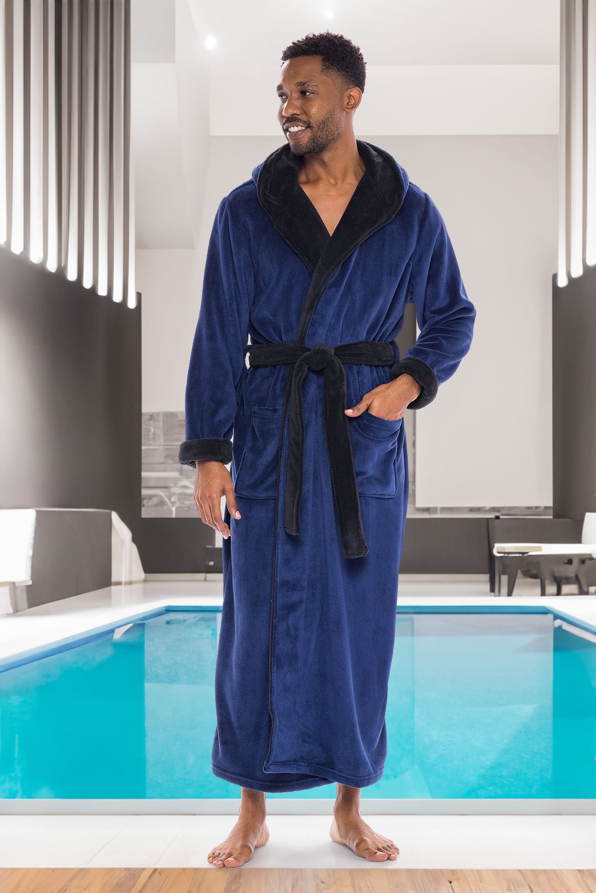 Men's Navy Blue with Black Plush Fleece Hooded Bathrobe, Full Length Long Warm Lounge Robe with Hood