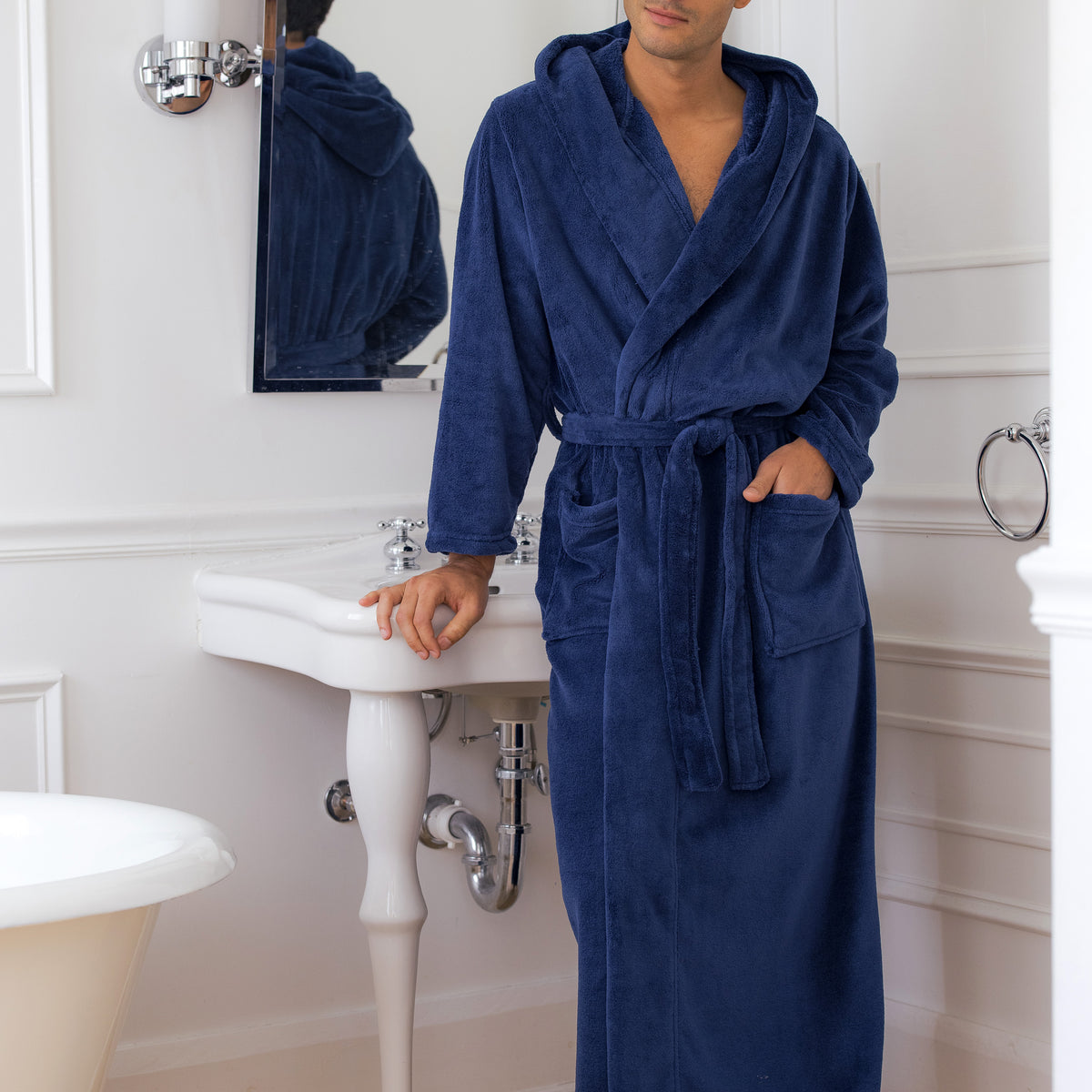 Men's Navy Blue Plush Fleece Hooded Bathrobe, Full Length Long Warm Lounge Robe with Hood