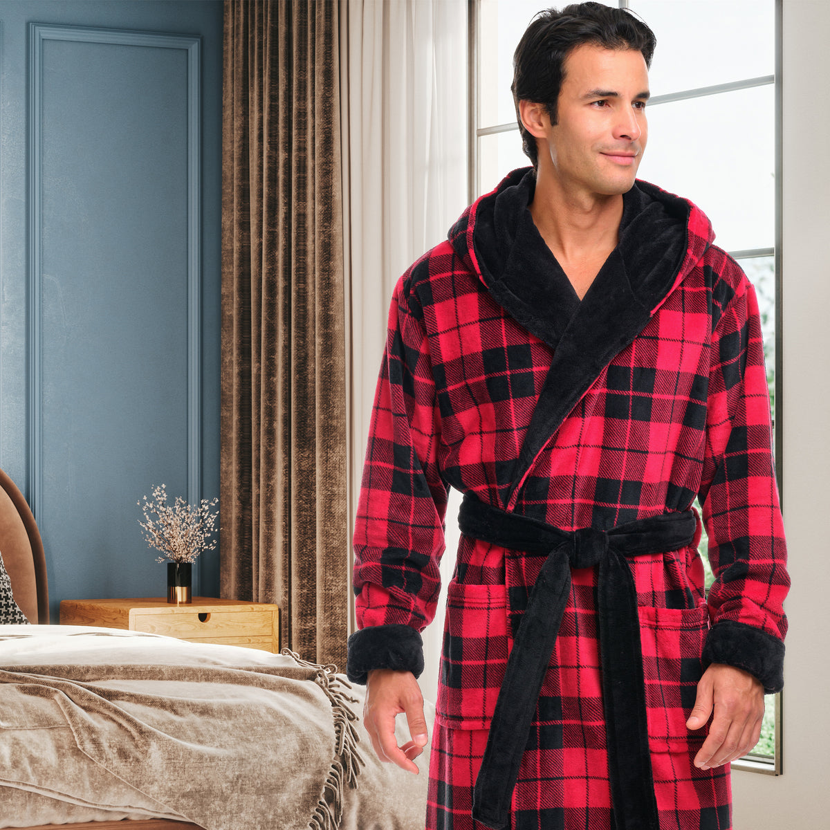 Men's Red Black Plaid Contrast Plush Fleece Hooded Bathrobe, Full Length Long Warm Lounge Robe with Hood