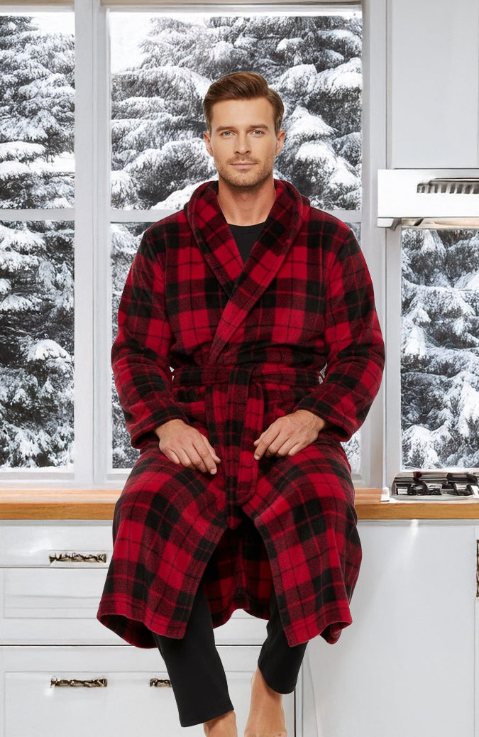 Men's Red Black Plaid Plush Fleece Hooded Bathrobe, Full Length Long Warm Lounge Robe with Hood