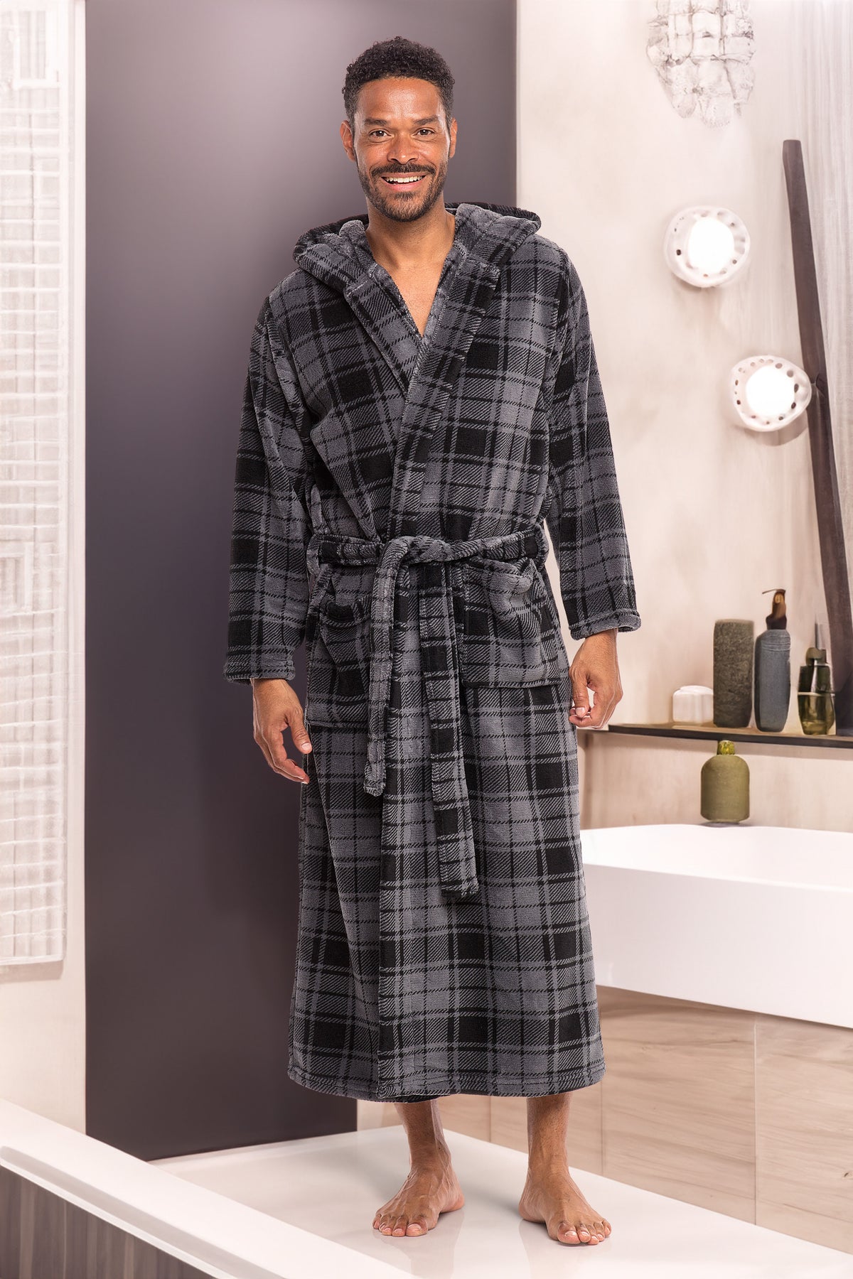Men's Gray Plaid Plush Fleece Hooded Bathrobe, Full Length Long Warm Lounge Robe with Hood