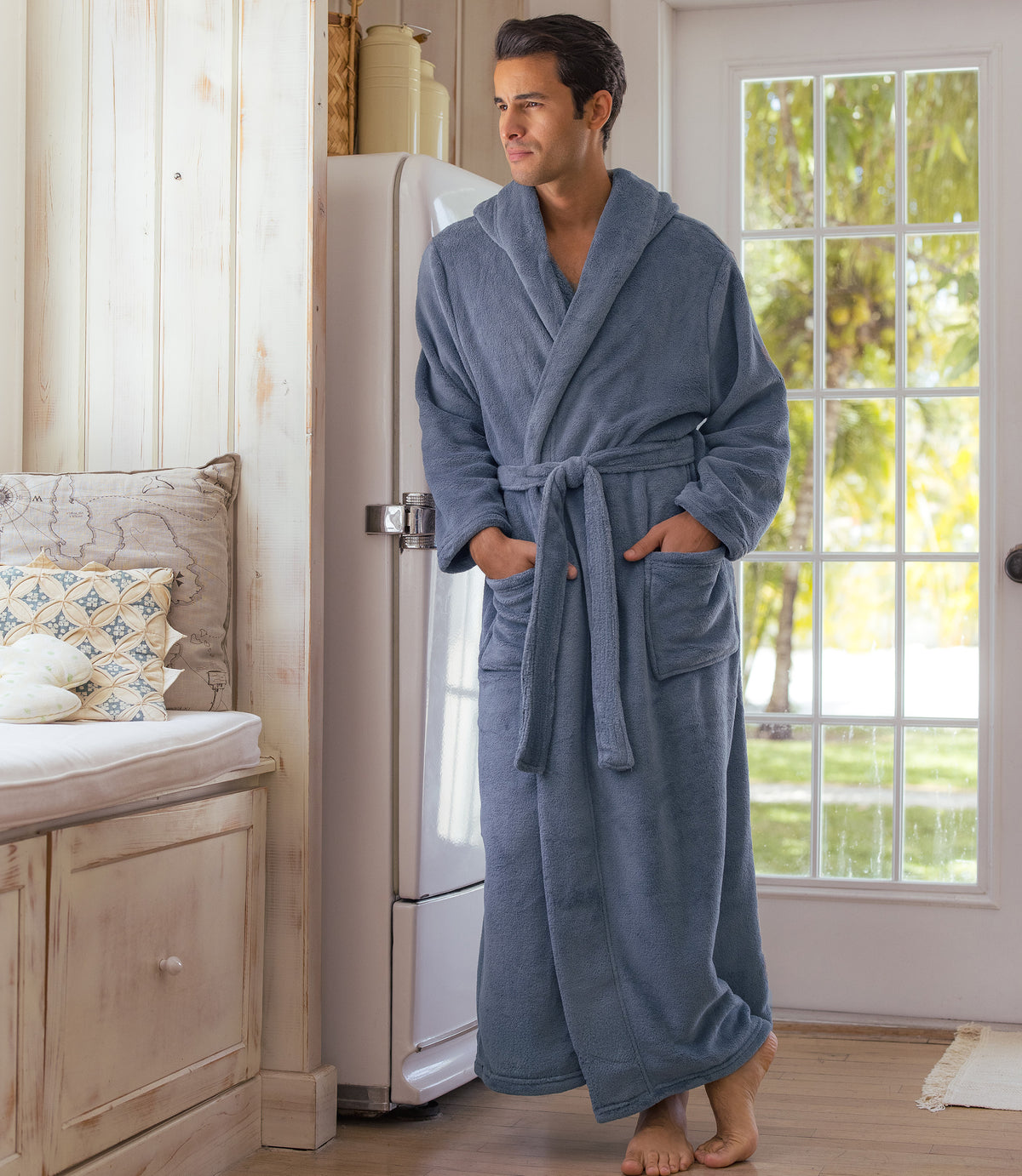 Men's Muted Navy Blue Plush Fleece Hooded Bathrobe, Full Length Long Warm Lounge Robe with Hood
