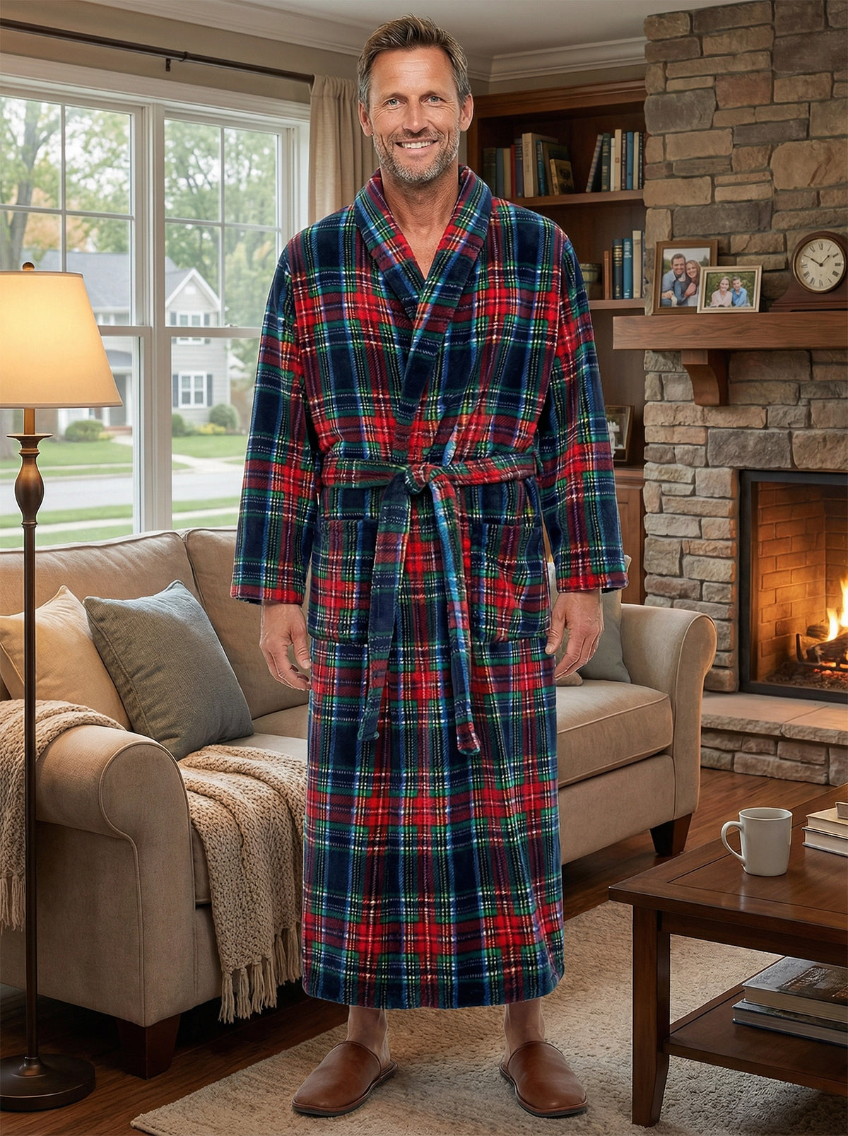 Men's Classic Tartan Plaid Blue Plush Fleece Hooded Bathrobe, Full Length Long Warm Lounge Robe with Hood