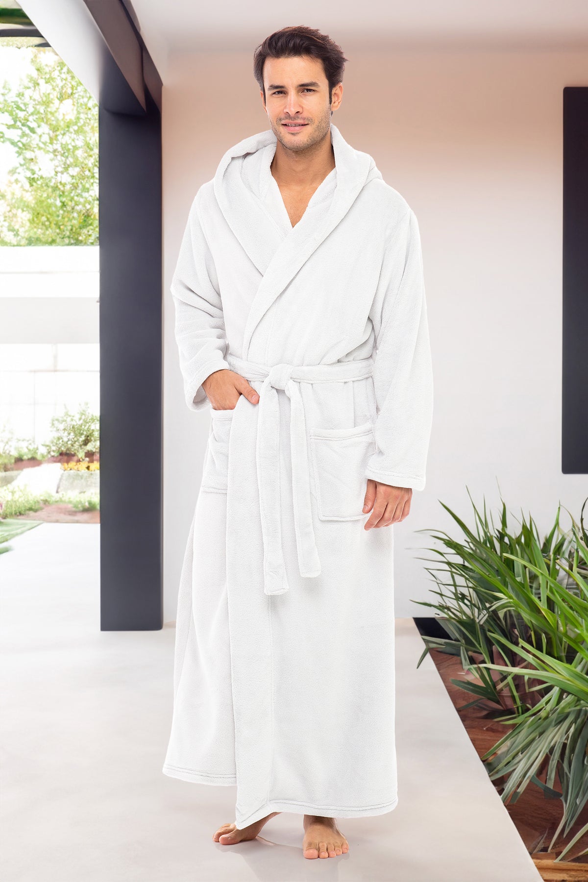 Men's White Plush Fleece Hooded Bathrobe, Full Length Long Warm Lounge Robe with Hood