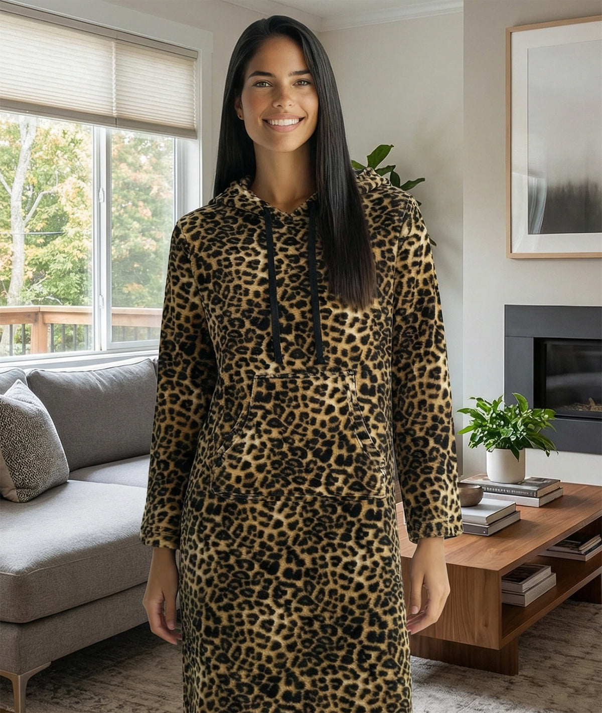 Women's Leopard Print Plush Sweatshirt Robe with Pockets, Long Hooded Fleece Duster Kaftan