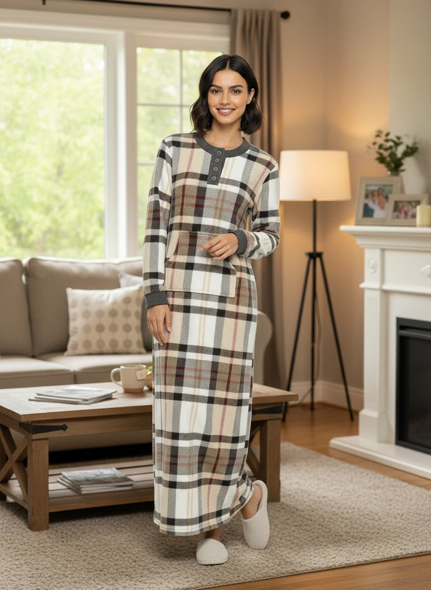 Women's Designer Plaid Warm Fleece Long Nightgown, Long Kaftan with Pockets for Winter