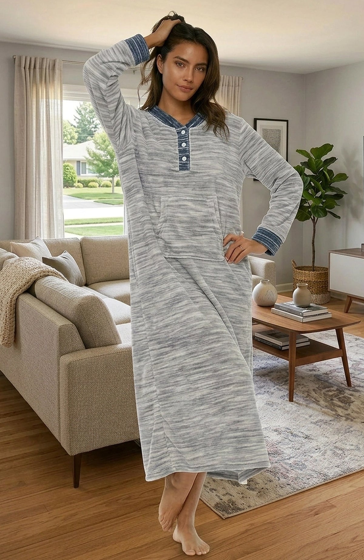 Women's Light Heathered Gray Warm Fleece Long Nightgown, Long Kaftan with Pockets for Winter