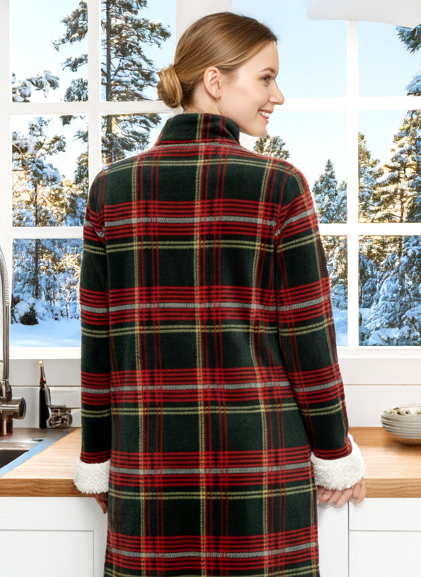Women's Forest Tartan Plaid Zip Up Plush Robe, Oversized Bathrobe with Two Way Zipper