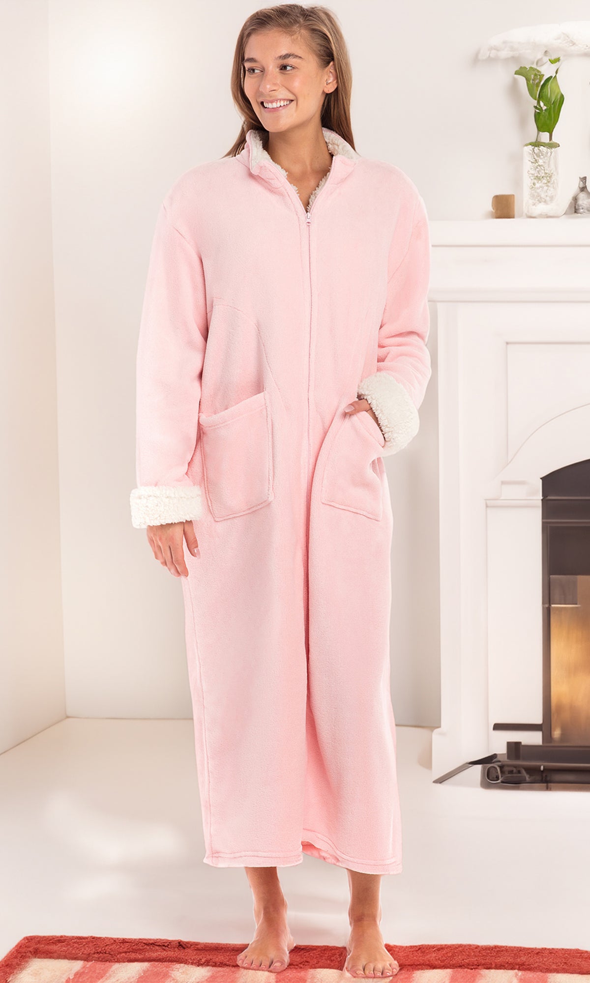 Women's Pink Rose Quartz with Cream Zip Up Plush Robe, Oversized Bathrobe with Two Way Zipper