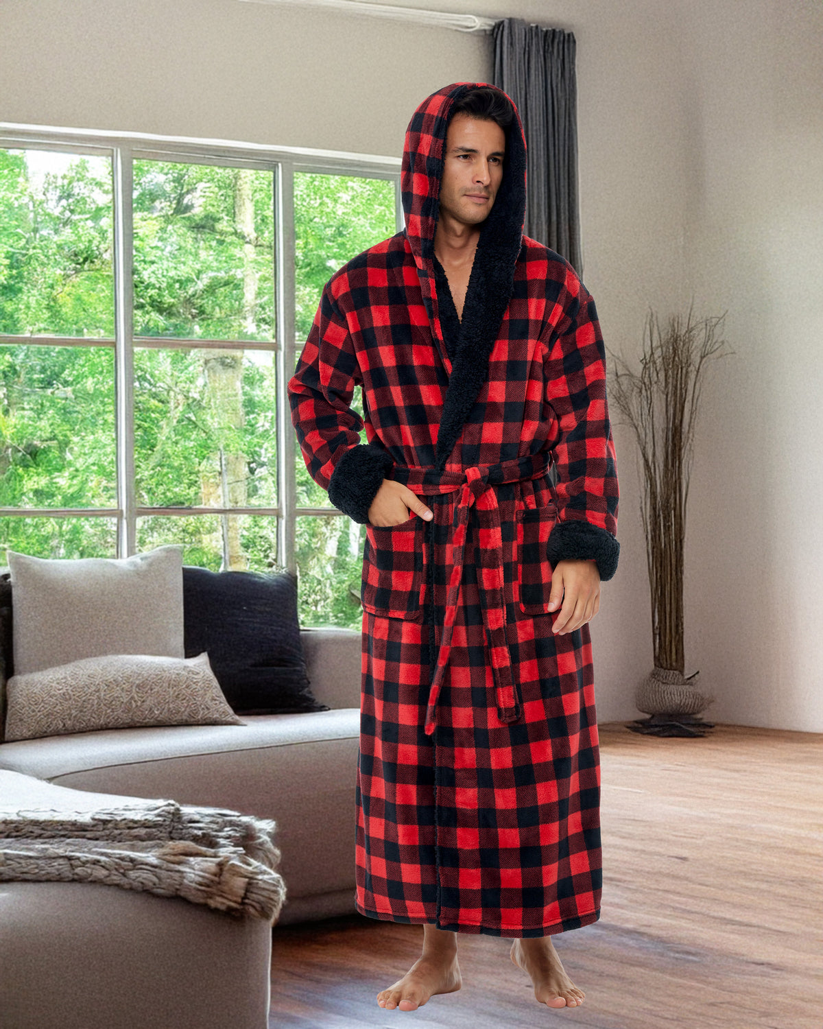 Men's Red Black Buffalo Check Plaid Long Hooded Sherpa Robe, Hooded Big and Tall Plush Fleece Hoodie Bathrobe