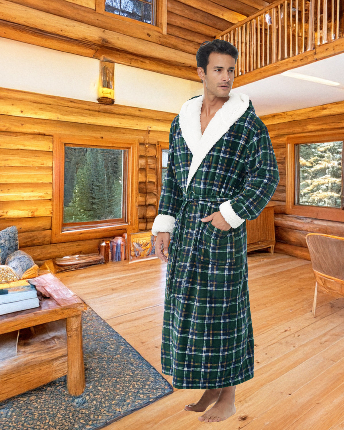 Men's Hunter Green Plaid Long Hooded Sherpa Robe, Hooded Big and Tall Plush Fleece Hoodie Bathrobe