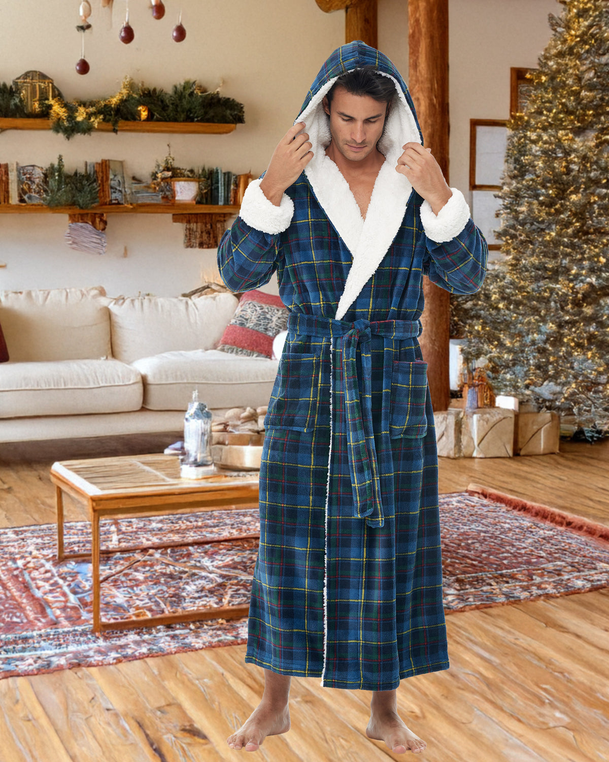 Men's Highland Tartan Plaid Long Hooded Sherpa Robe, Hooded Big and Tall Plush Fleece Hoodie Bathrobe