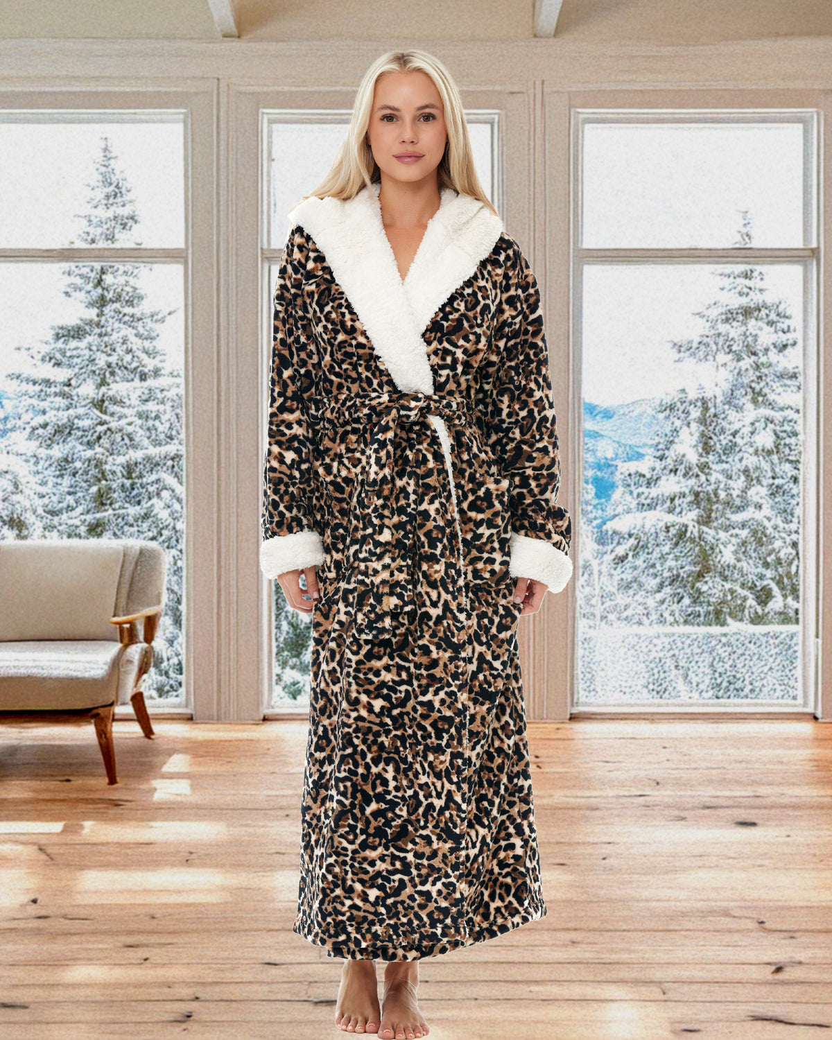 Women's Desert Leopard Print Warm Fleece Sherpa Robe with Hood, Long Plush Hoodie Sherpa Bathrobe