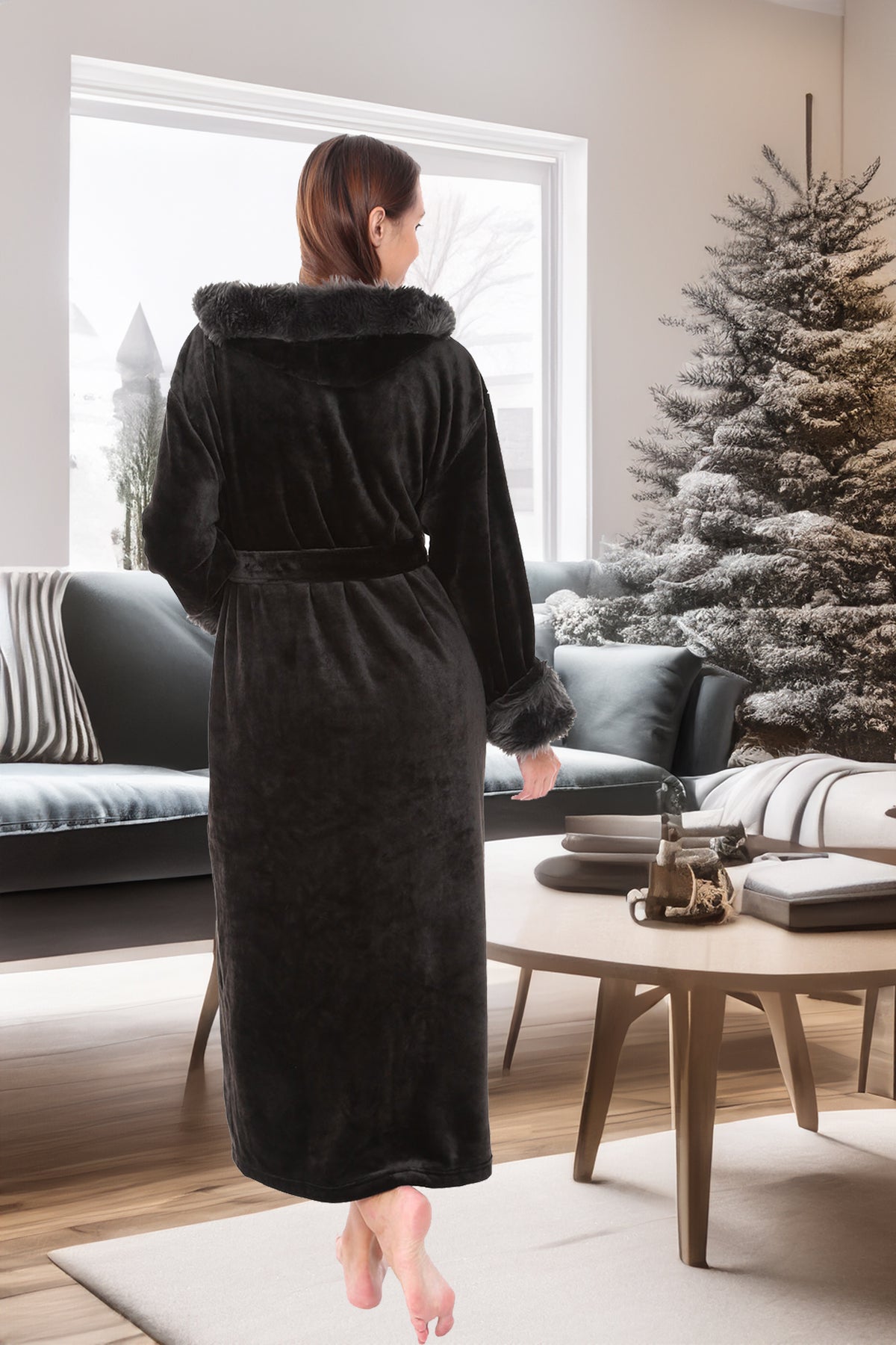 Women's Black Winter Robe with Faux Fur Feather, Plush Fleece Hooded Bathrobe