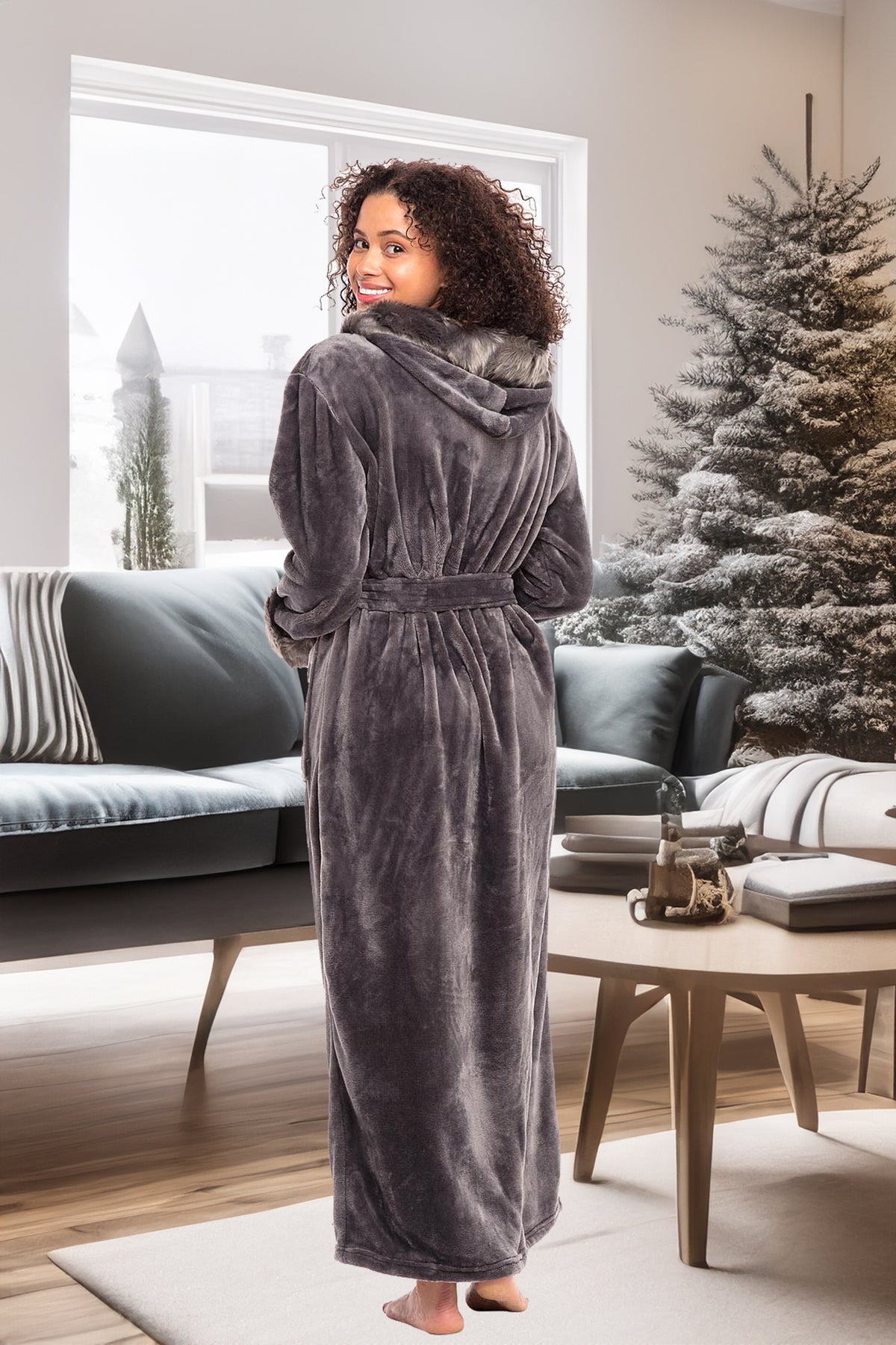 Women's Steel Gray Winter Robe with Faux Fur Feather, Plush Fleece Hooded Bathrobe