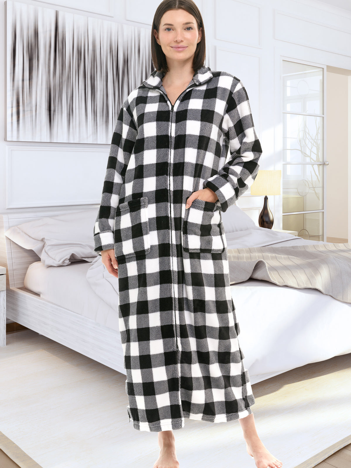 Women's Buffalo Check White Black Plaid Zip Up Plush Robe, Oversized Bathrobe with Two Way Zipper