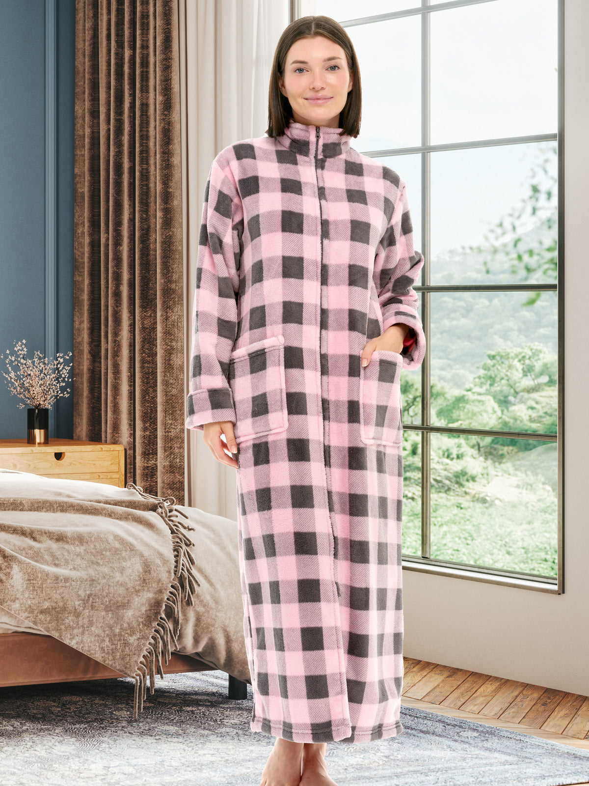 Women's Buffalo Check Pink Gray Plaid Zip Up Plush Robe, Oversized Bathrobe with Two Way Zipper